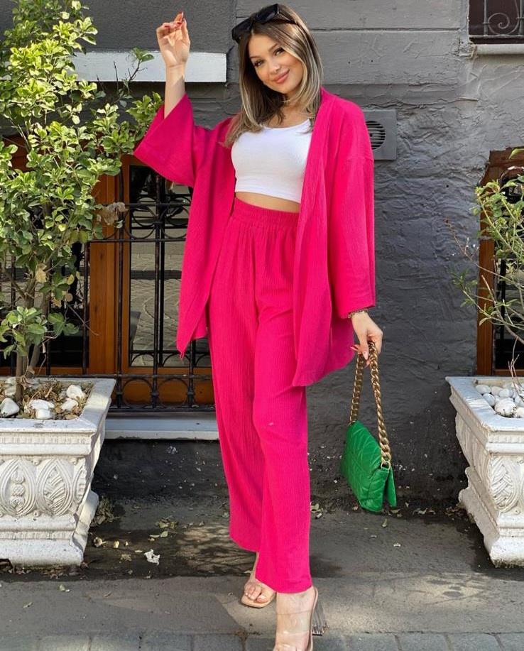 Pembe Kimonolu Gofre  Kumaş Takım 