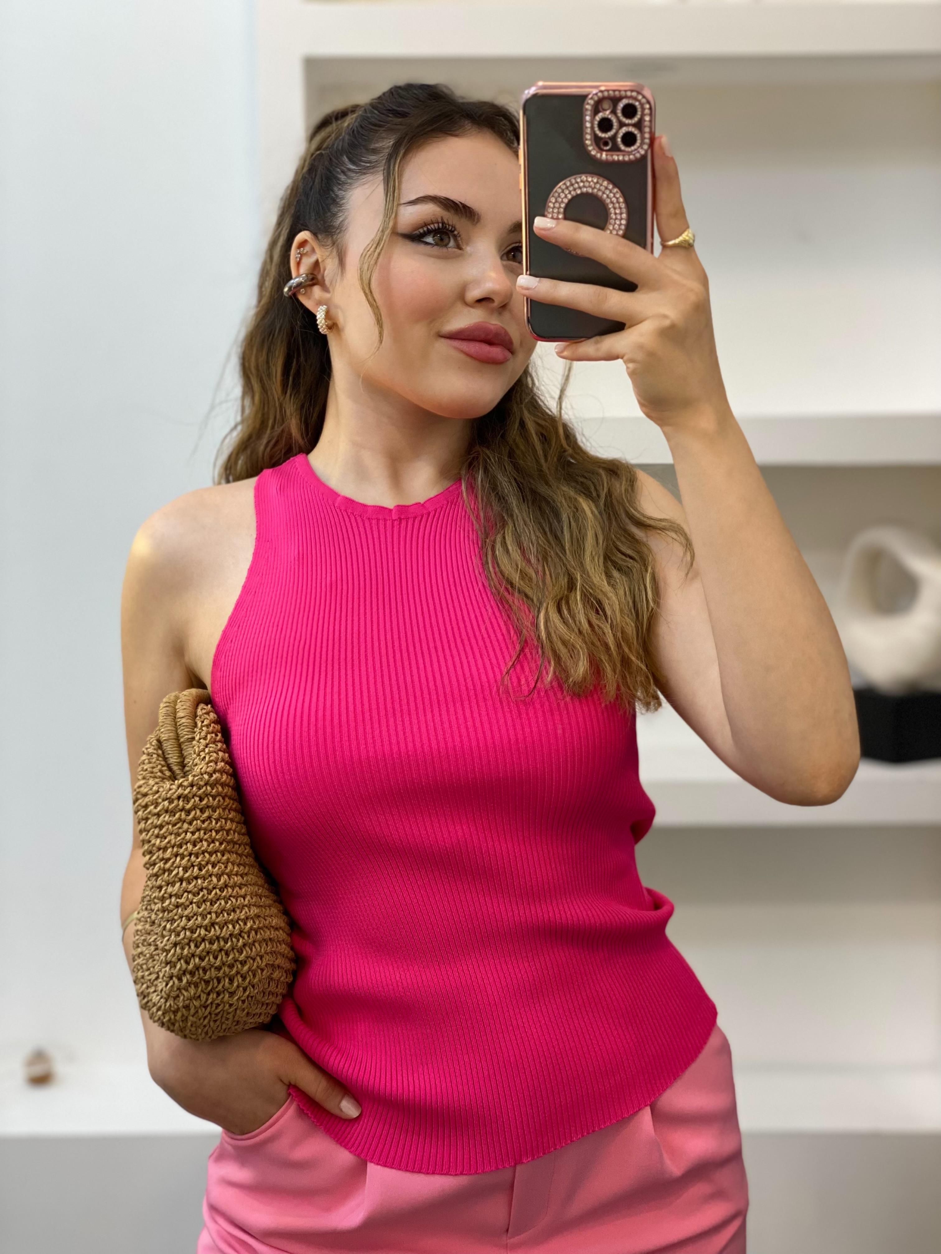 Pembe Kolsuz Basic Triko Bluz