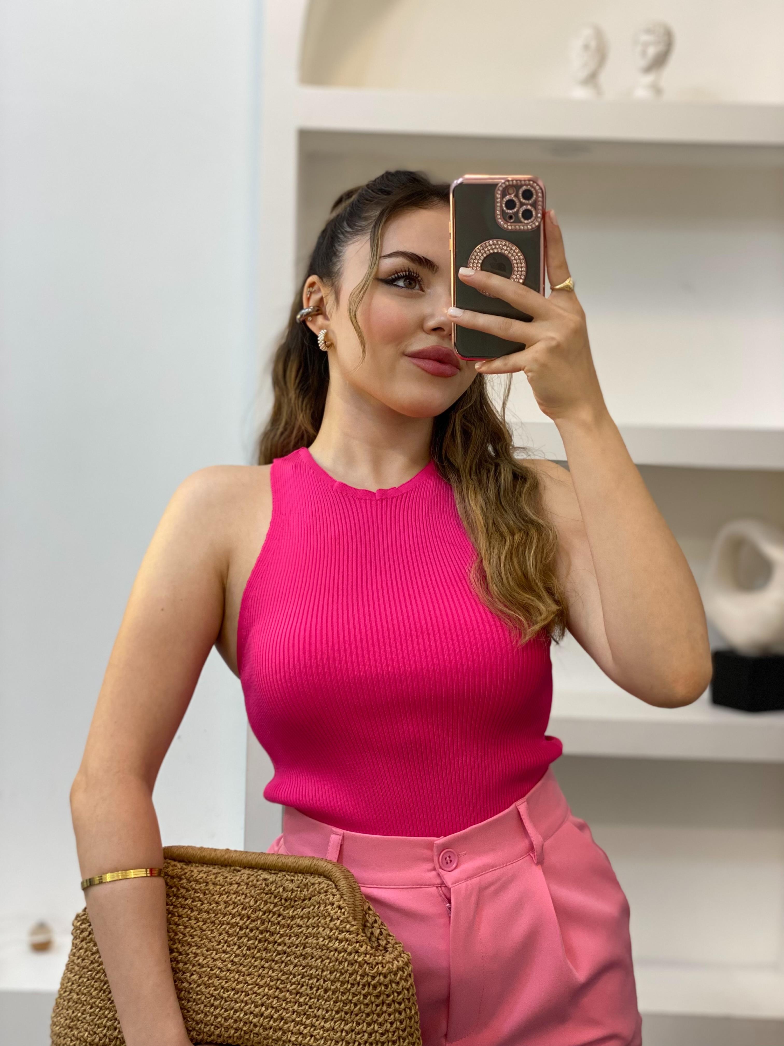 Pembe Kolsuz Basic Triko Bluz