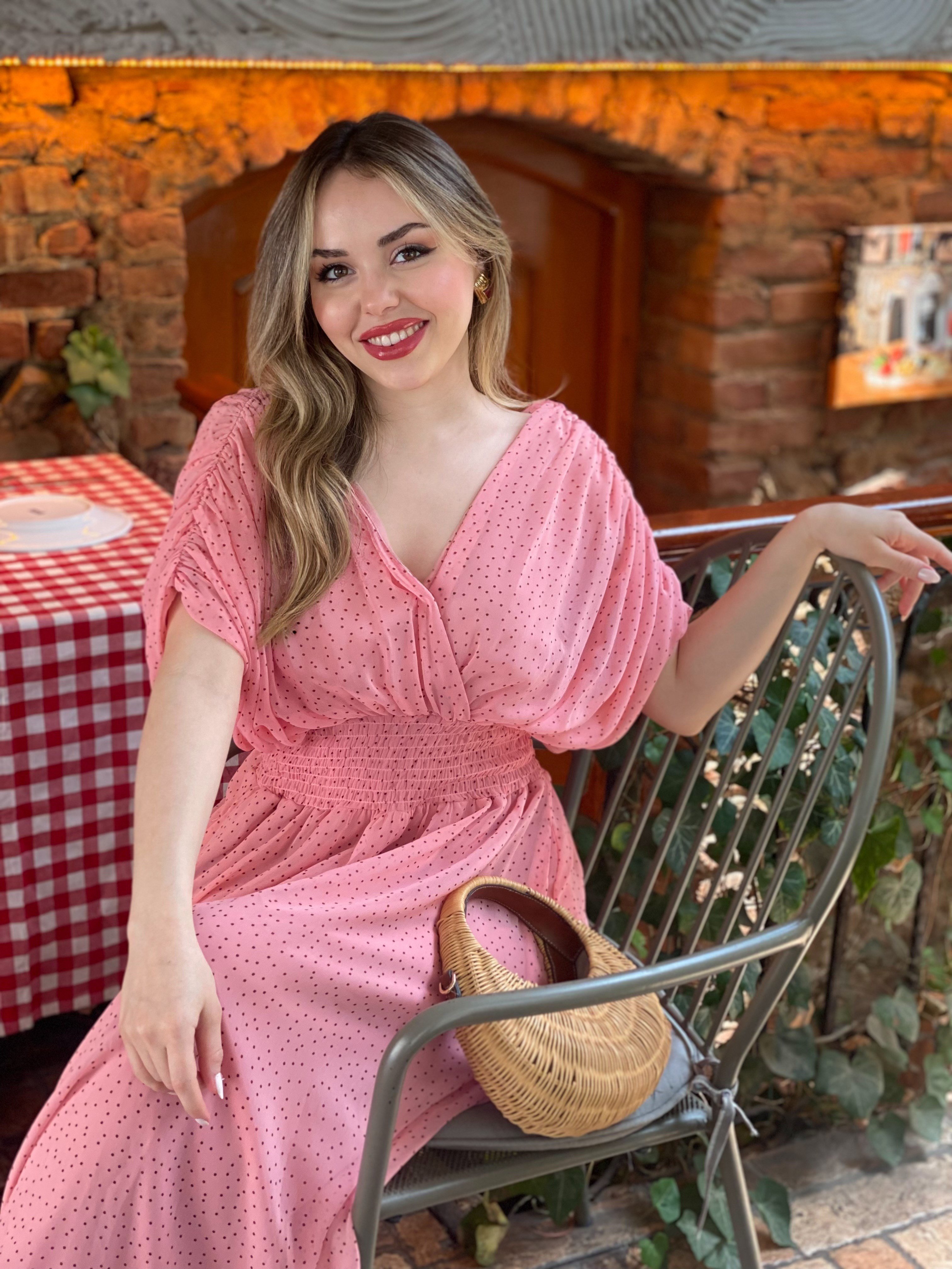 Pembe Mini Puantiye Desenli Şifon Elbise