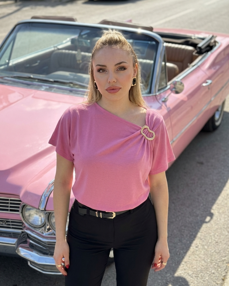 Pembe Omuz Gold Çıkarılabilir Broşlu Modal Bluz