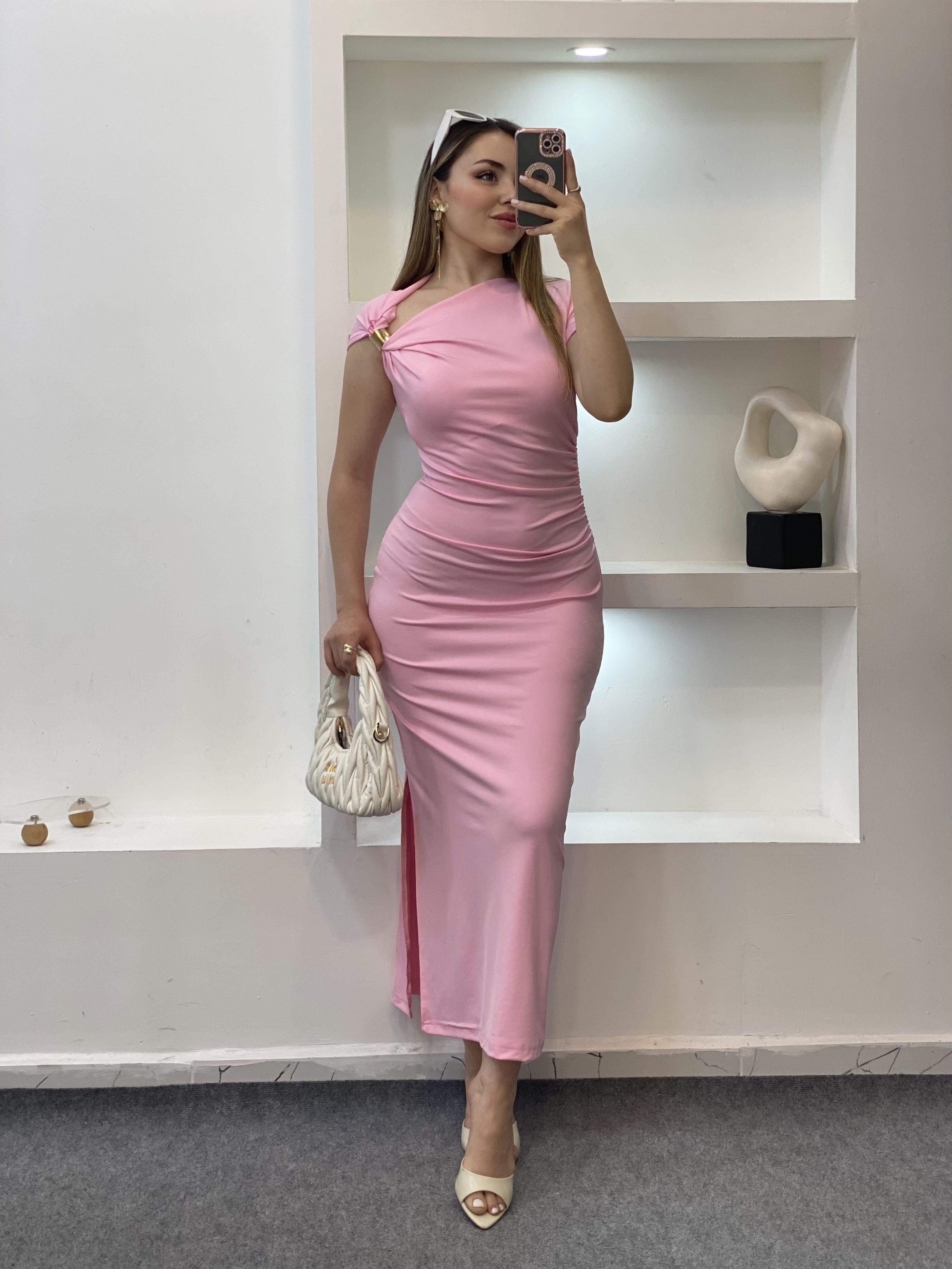 Pembe Omuz Gold Tokalı Elbise