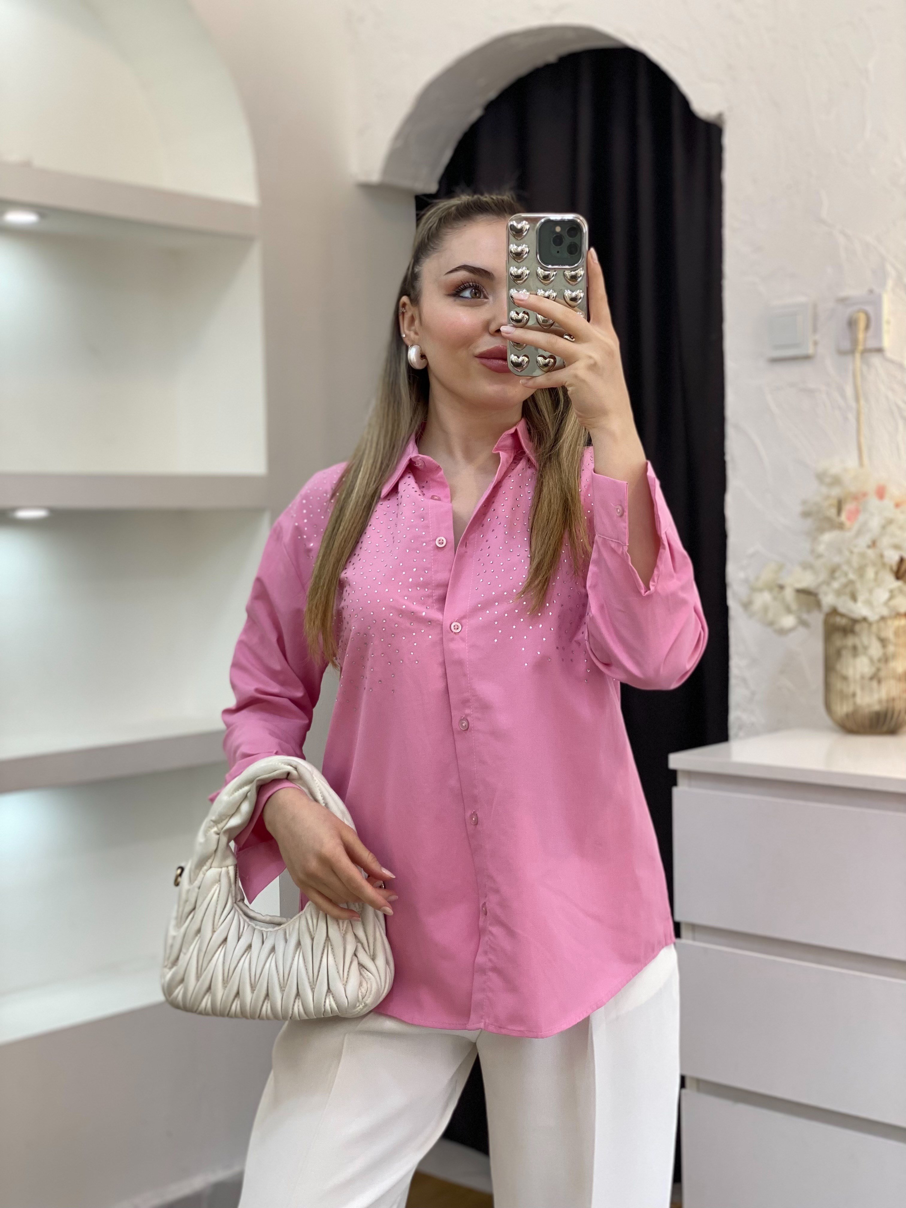 Pembe Parıltılı Taşlı Gömlek 