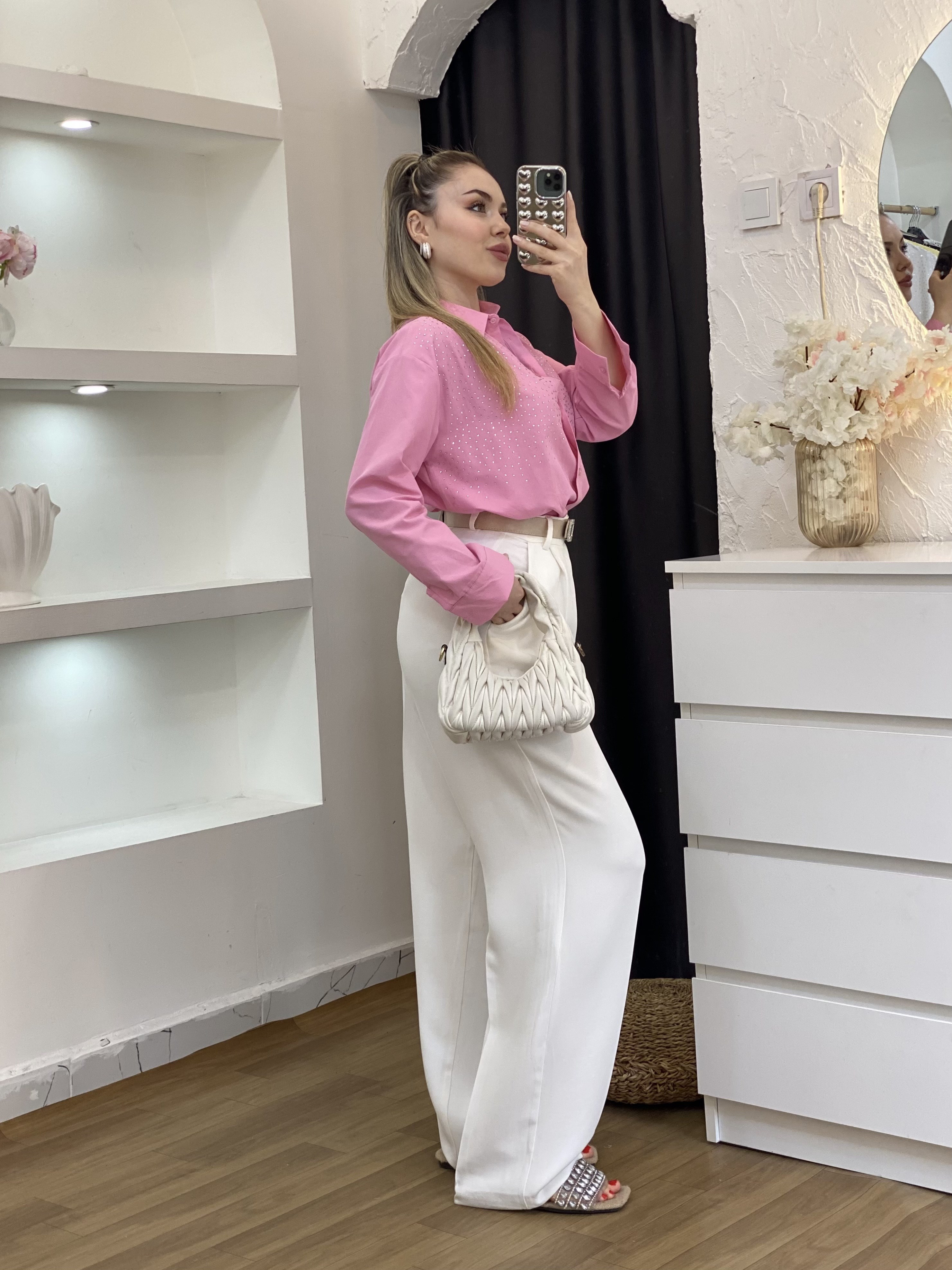 Pembe Parıltılı Taşlı Gömlek 