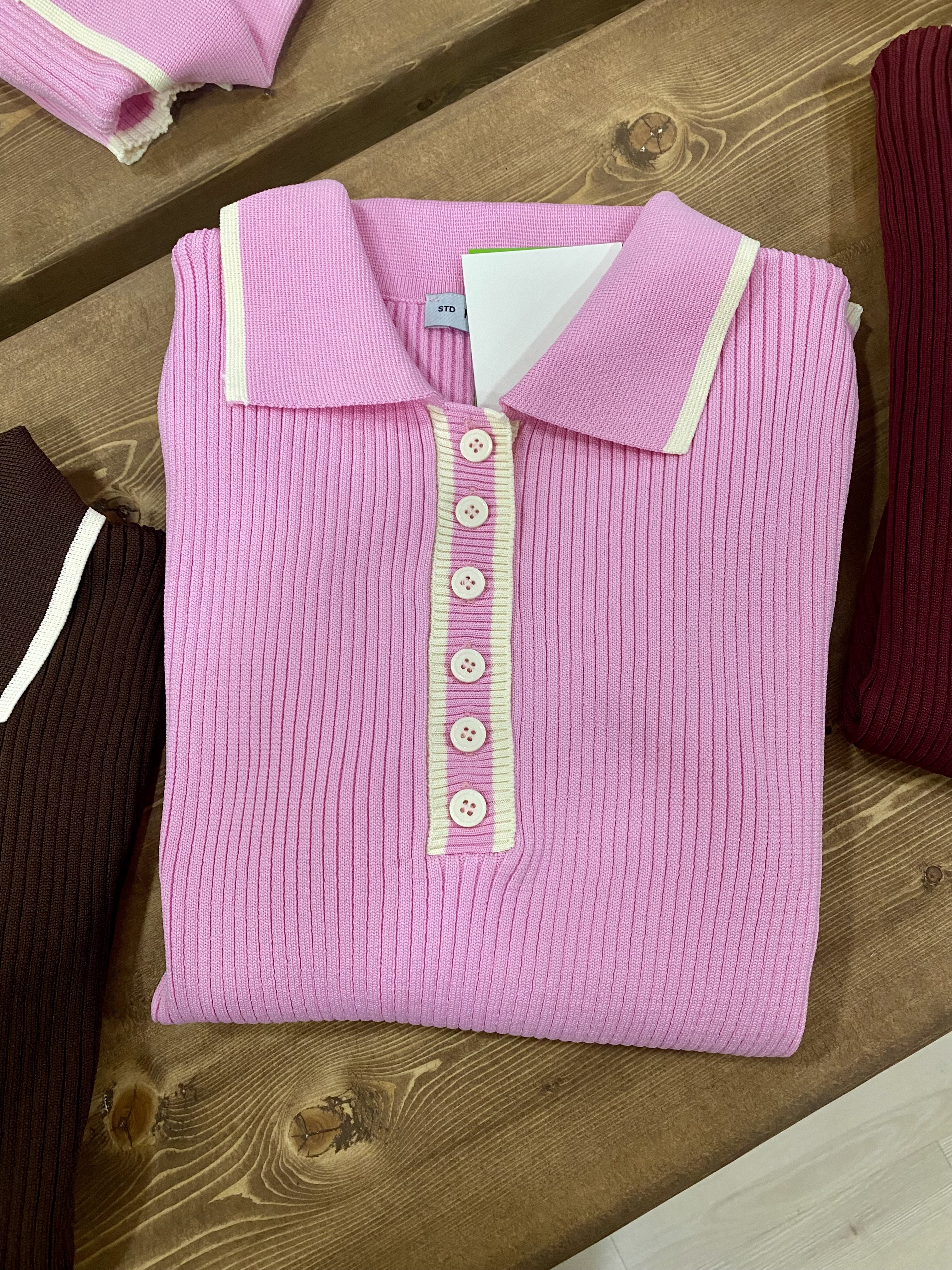 Pembe Polo Yaka Elit Triko Bluz