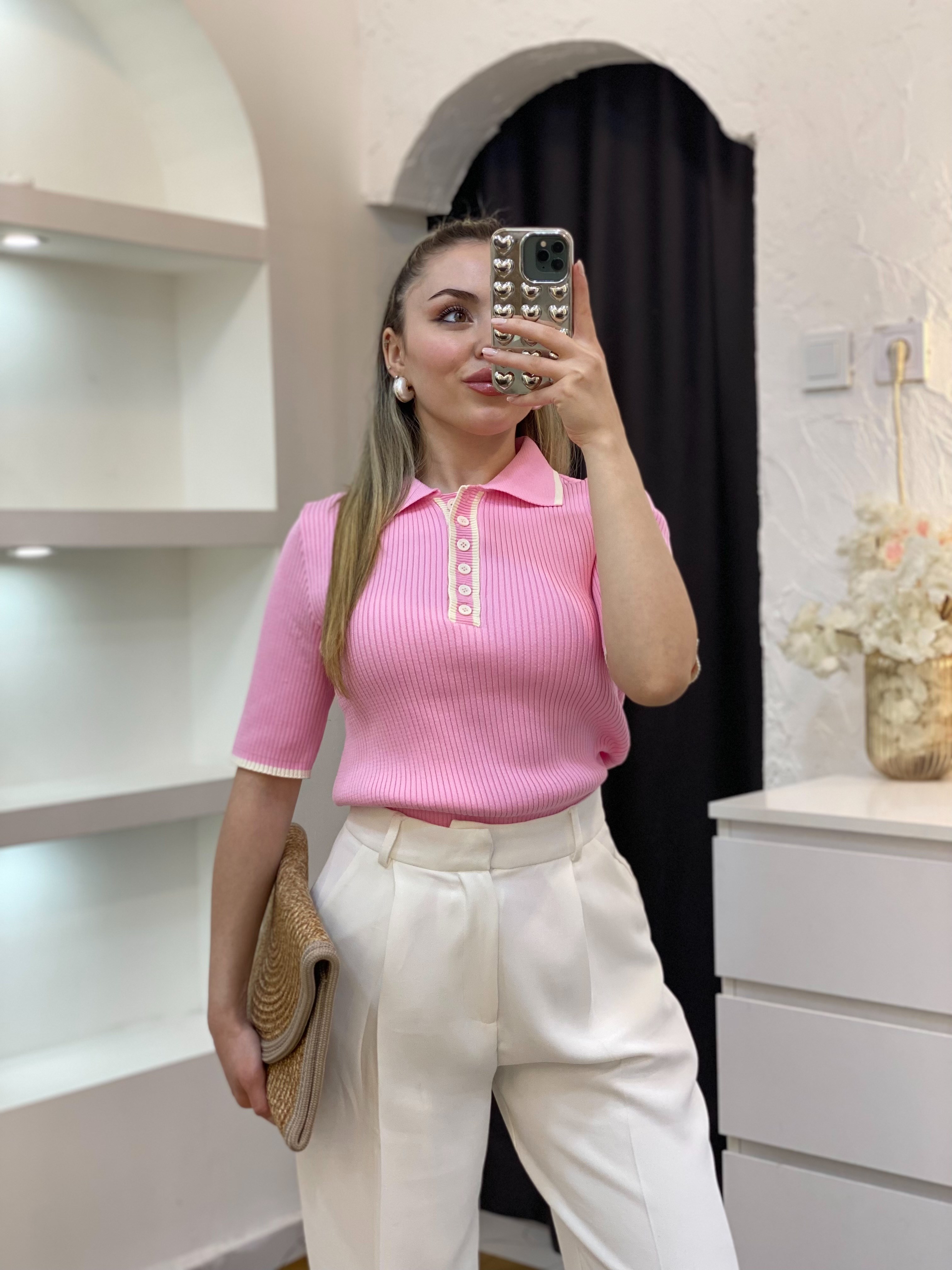 Pembe Polo Yaka Elit Triko Bluz