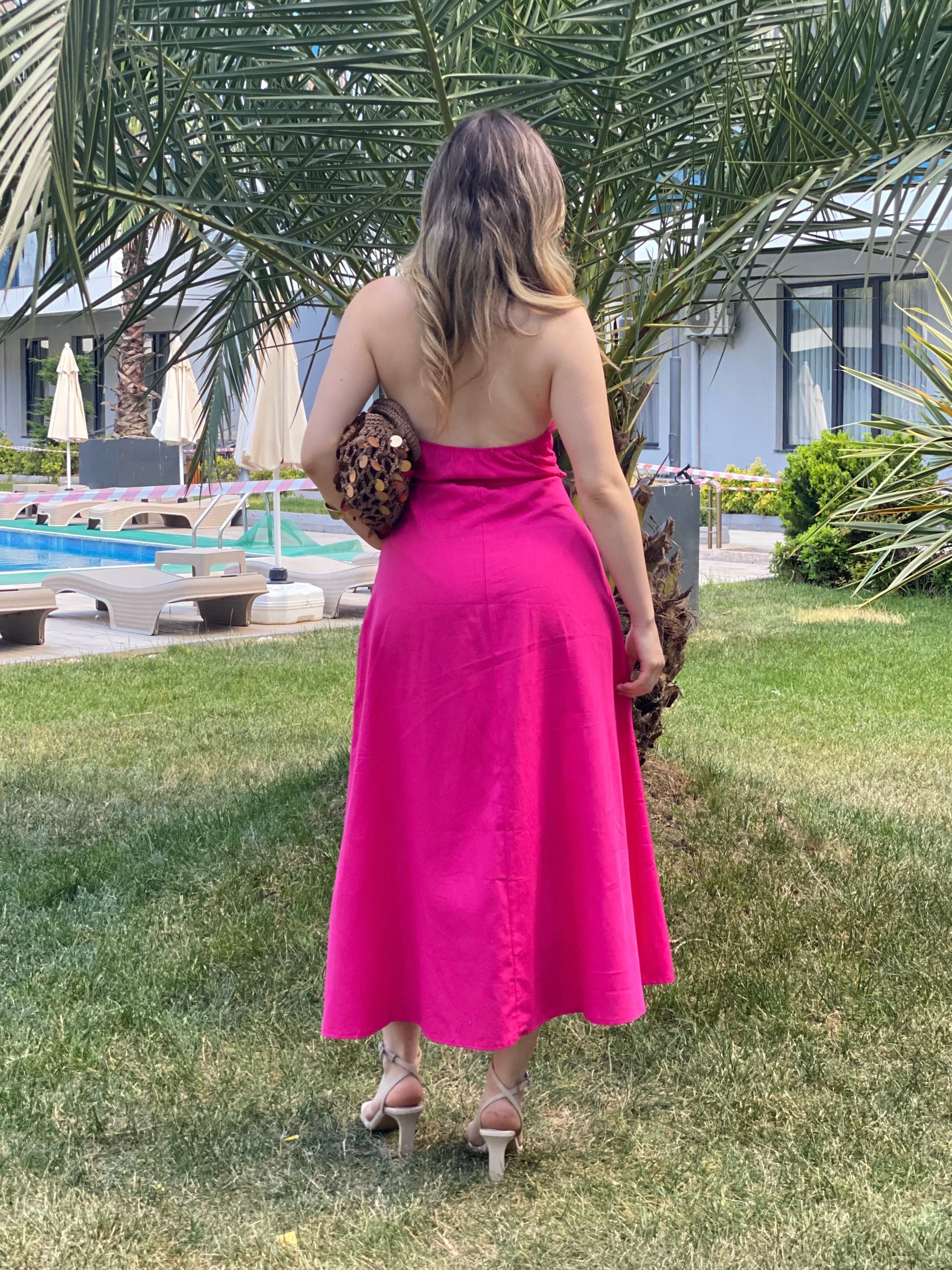 Pembe Sırt Dekolteli Keten Elbise