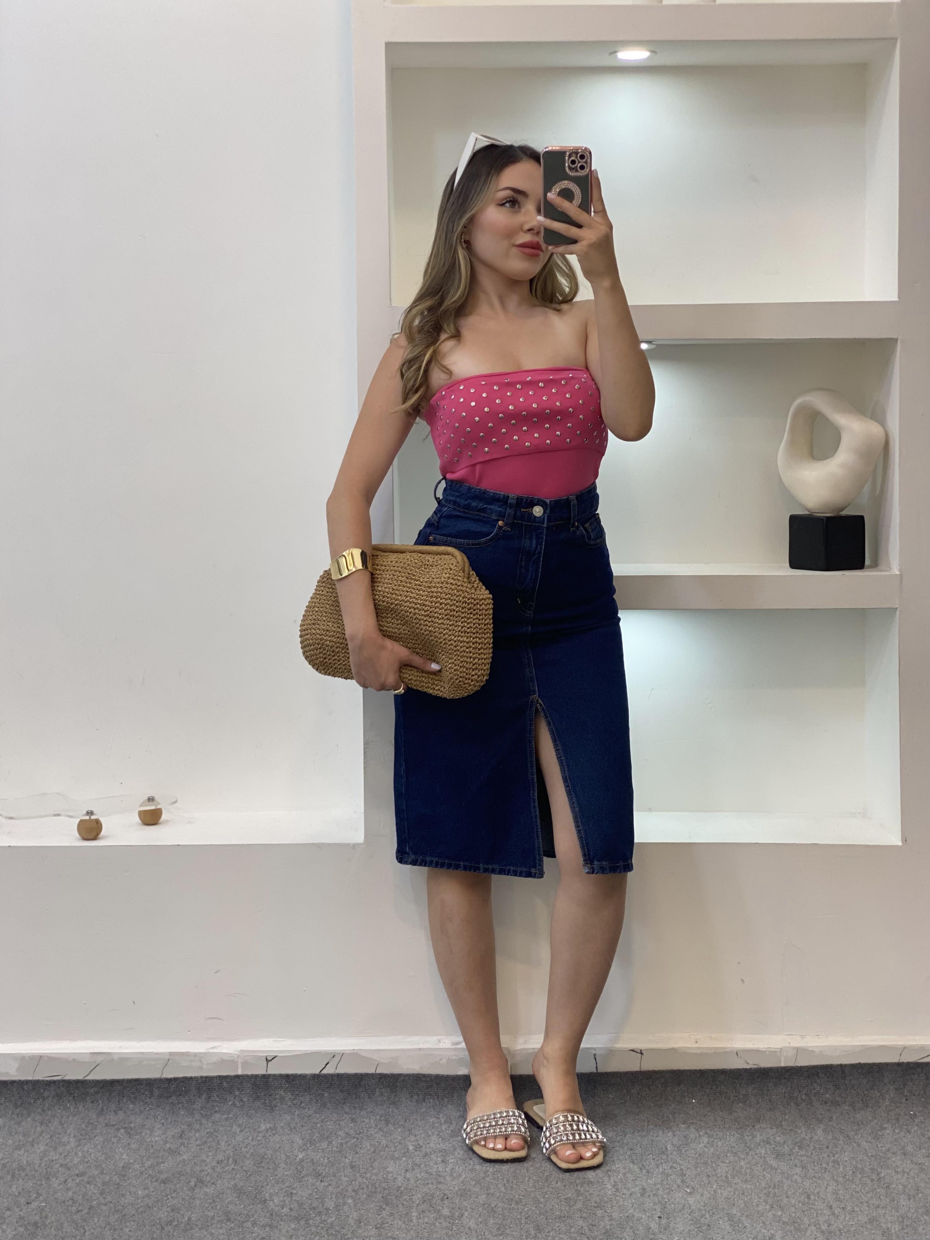 Pembe Zımbalı Straplez Triko Bluz