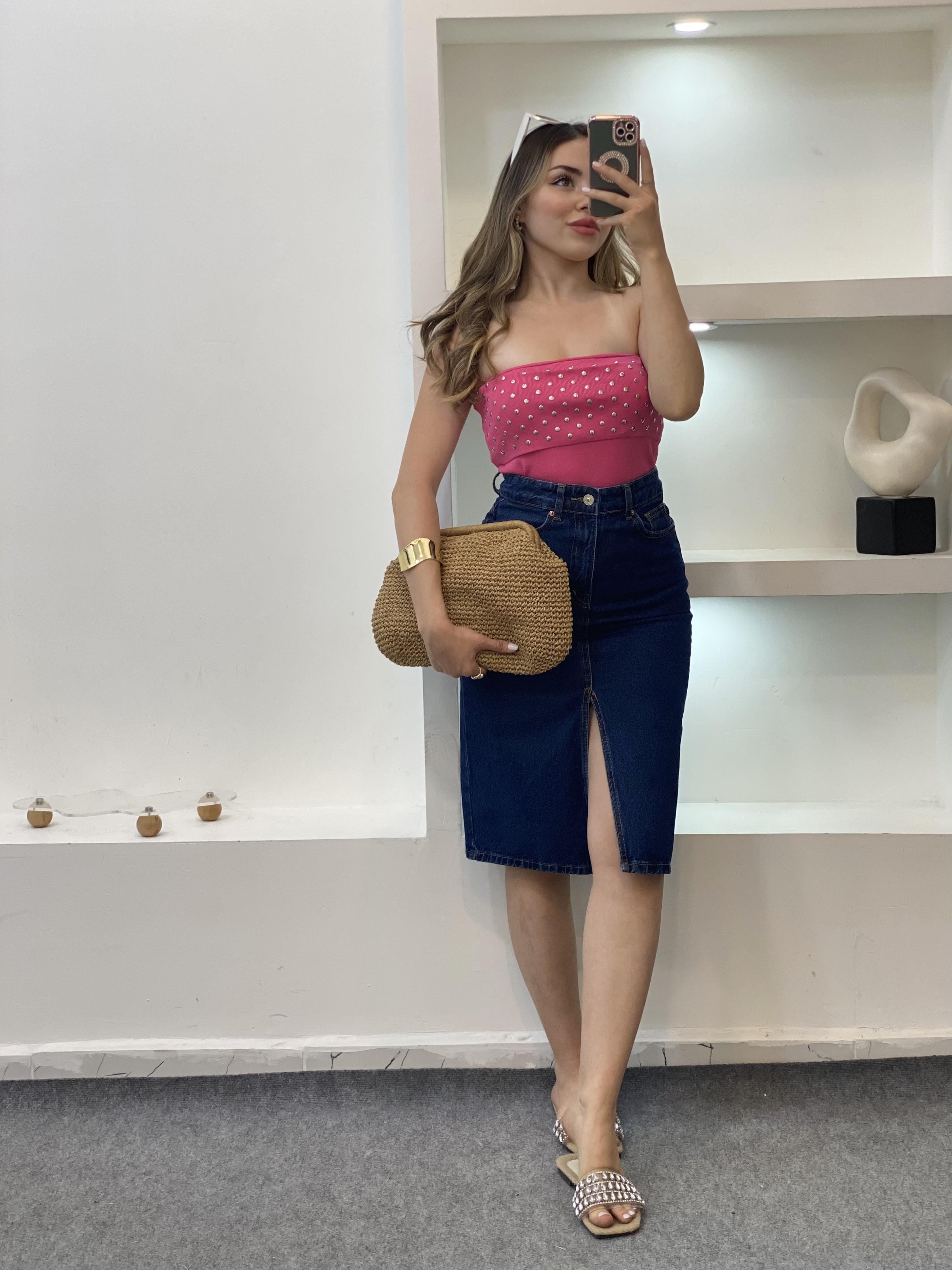 Pembe Zımbalı Straplez Triko Bluz