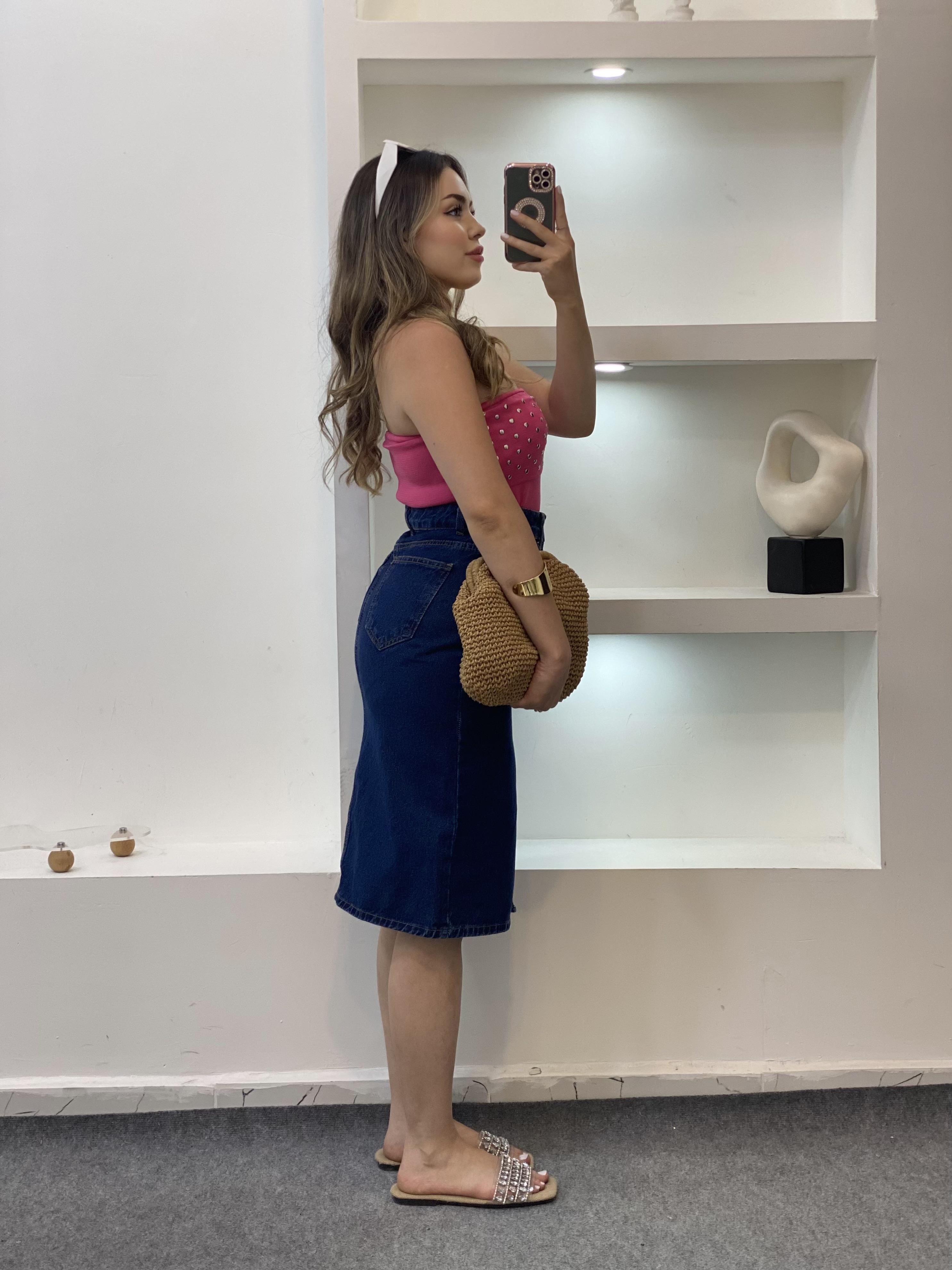 Pembe Zımbalı Straplez Triko Bluz