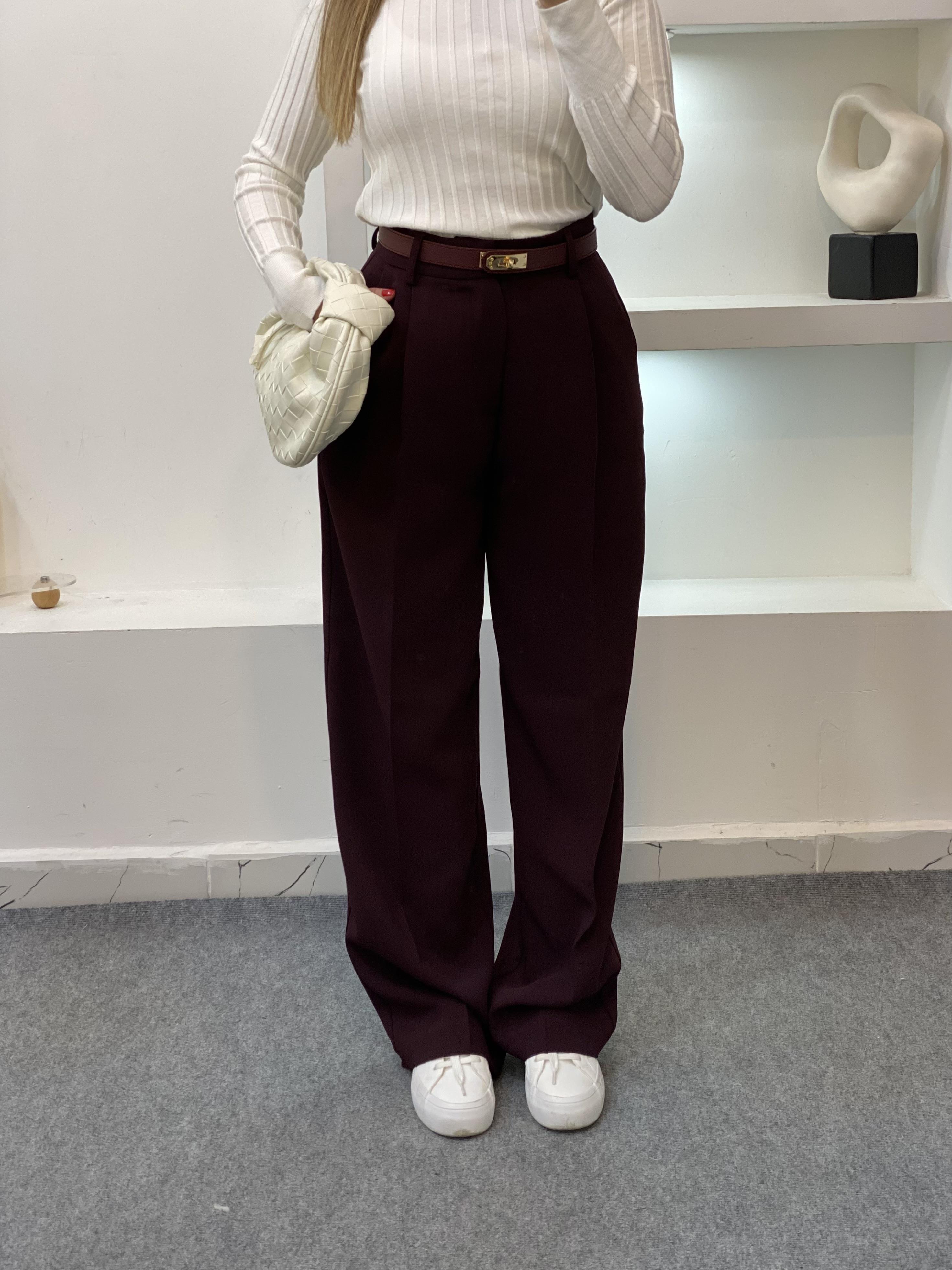 Perry Marka Bordo Premium Tok Dokulu  Palazzo Pantolon