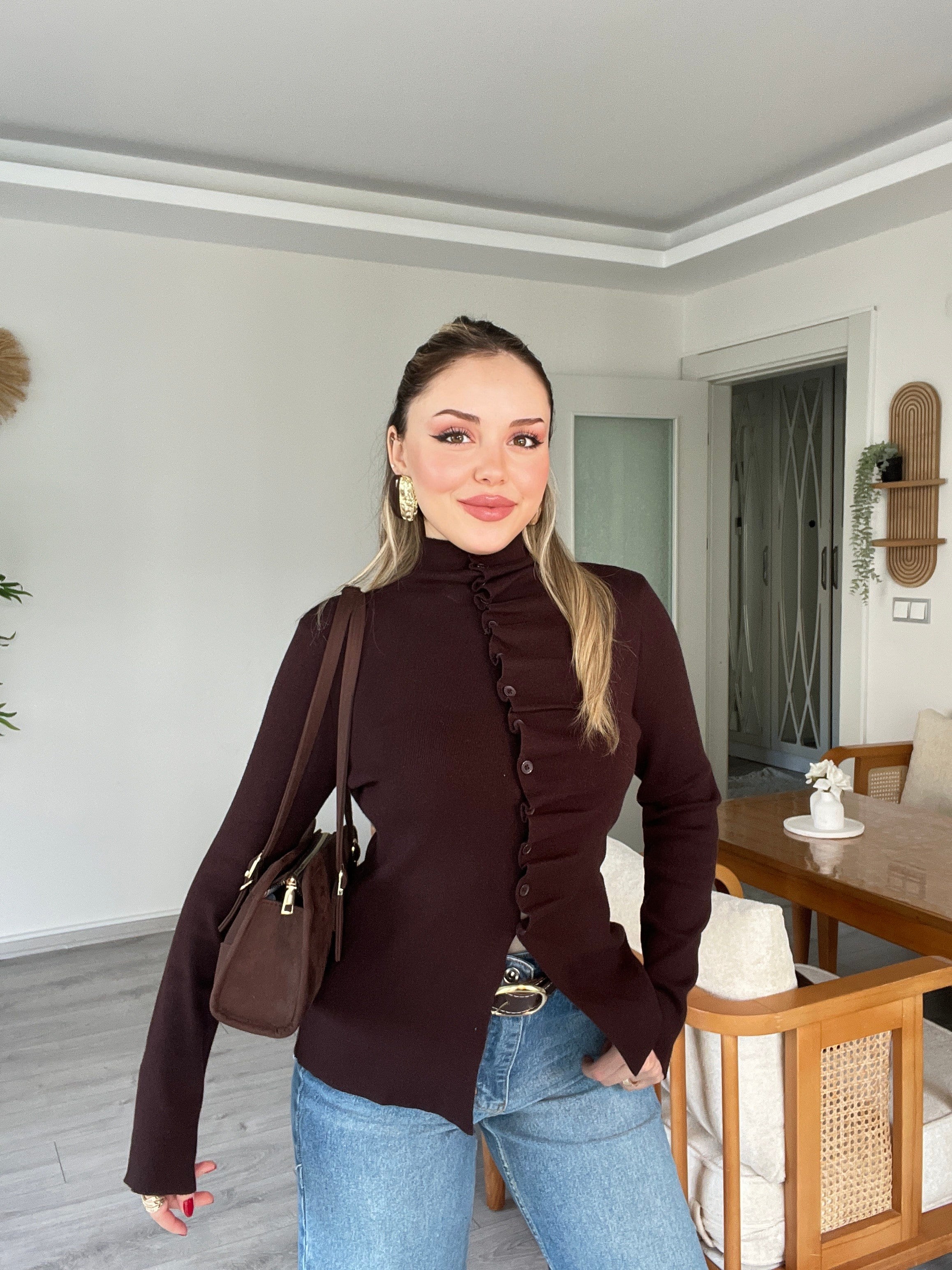 Premium Kahve Önü Drapeli Düğmeli Triko