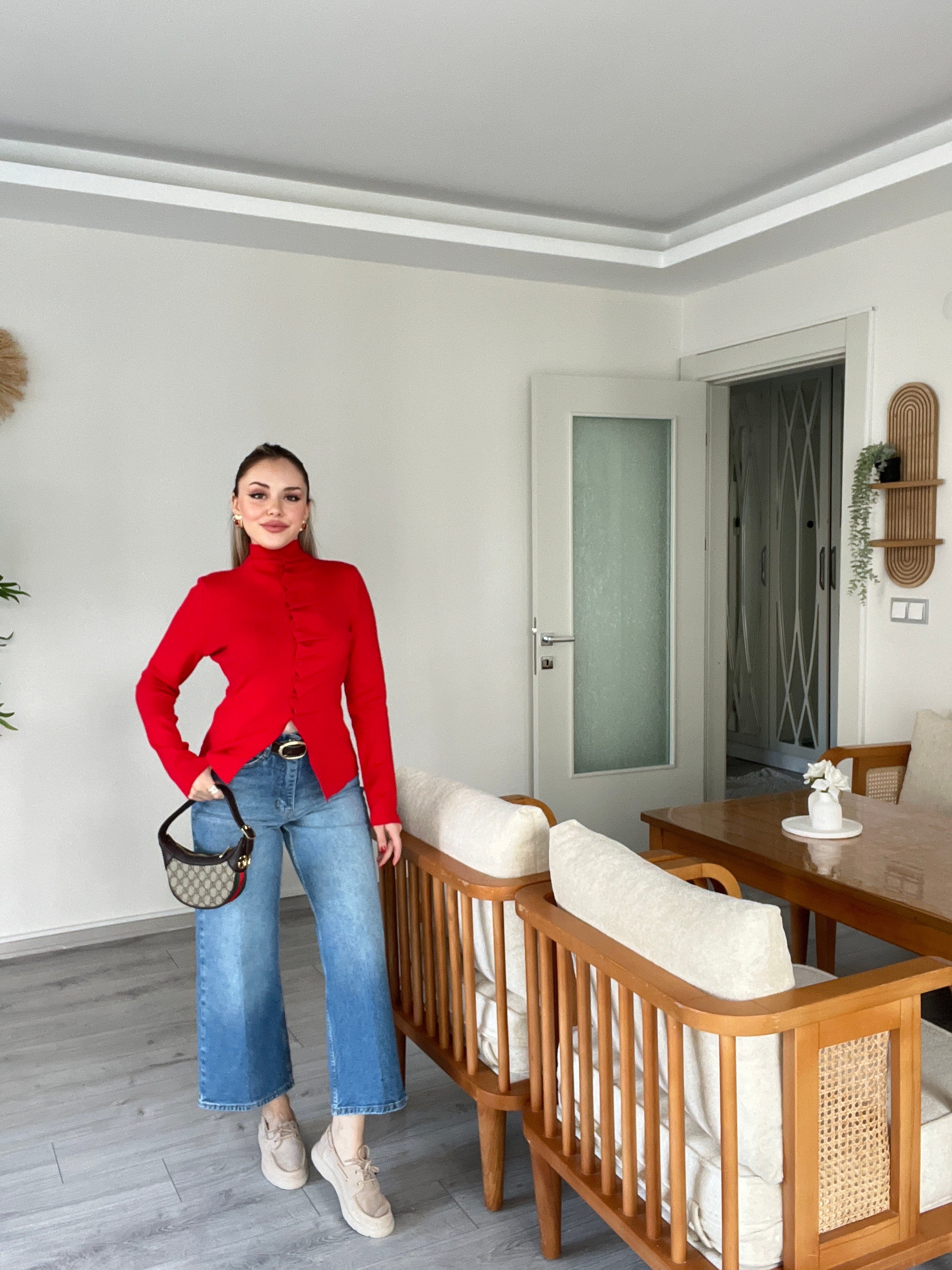 Premium Kırmızı Önü Drapeli Düğmeli Triko