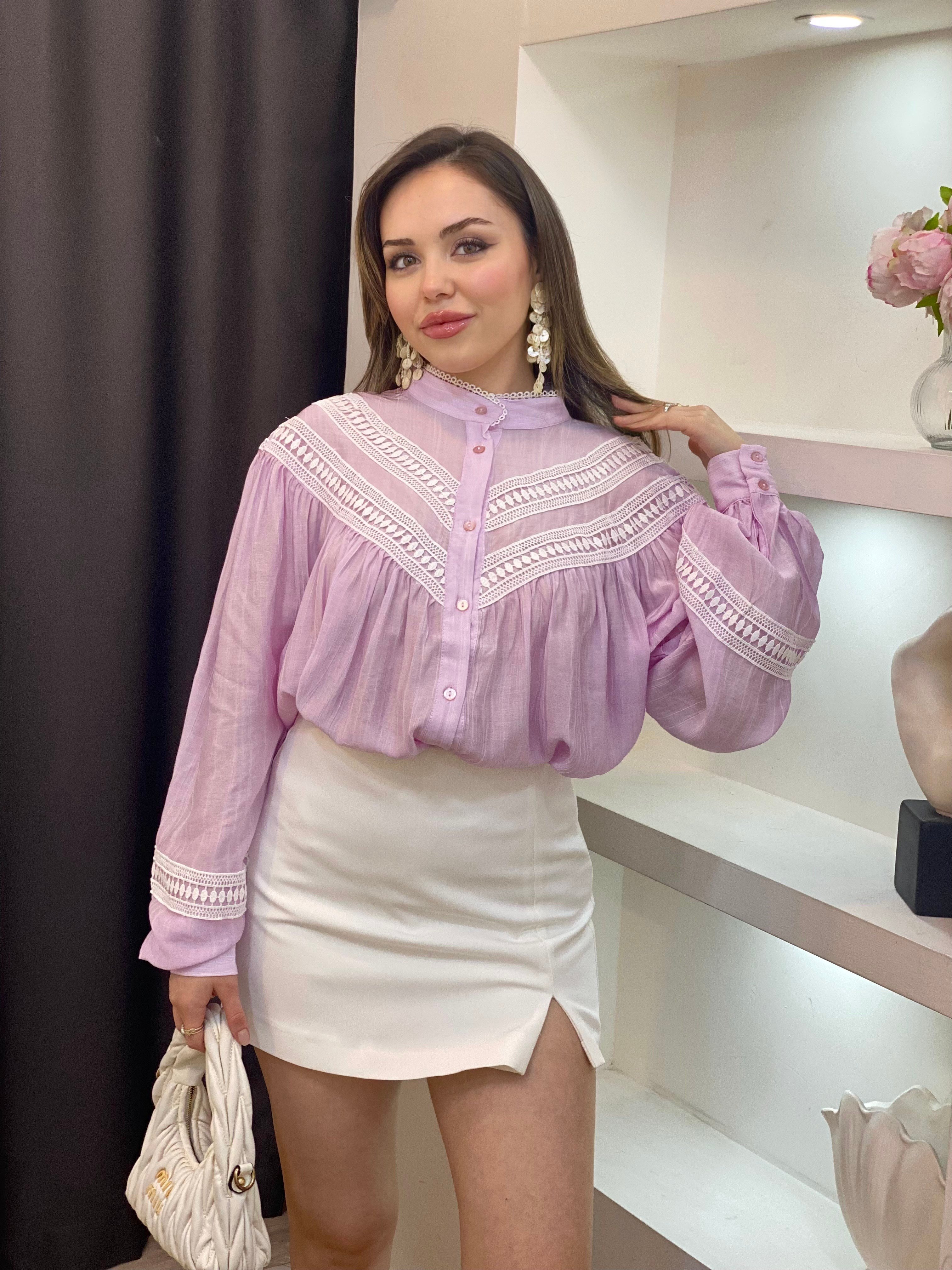 Pudra Pembe Premium Kalite Dantel Detaylı Gömlek 