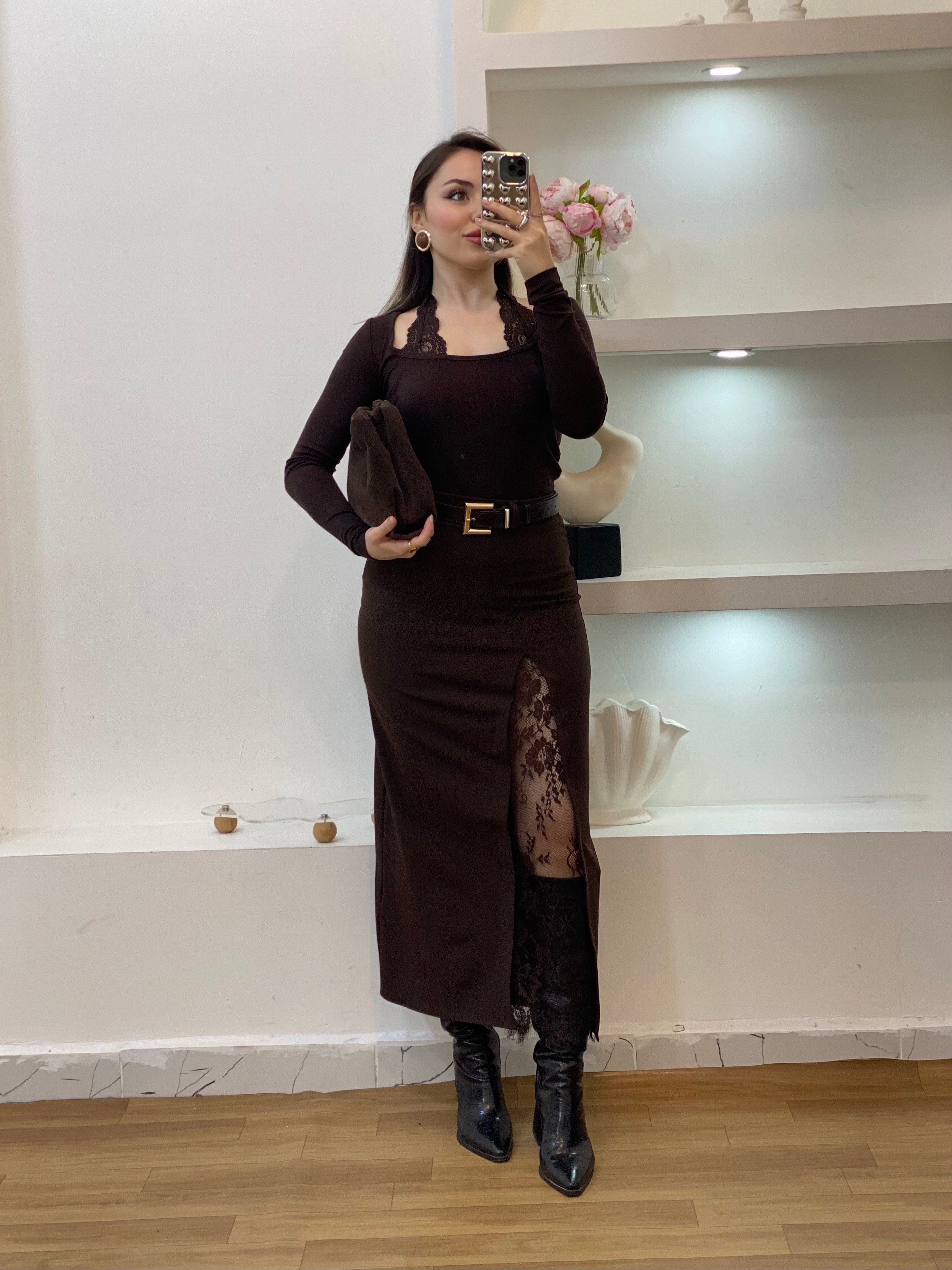 Q Marka Dantel Detaylı Kahve Bluz 