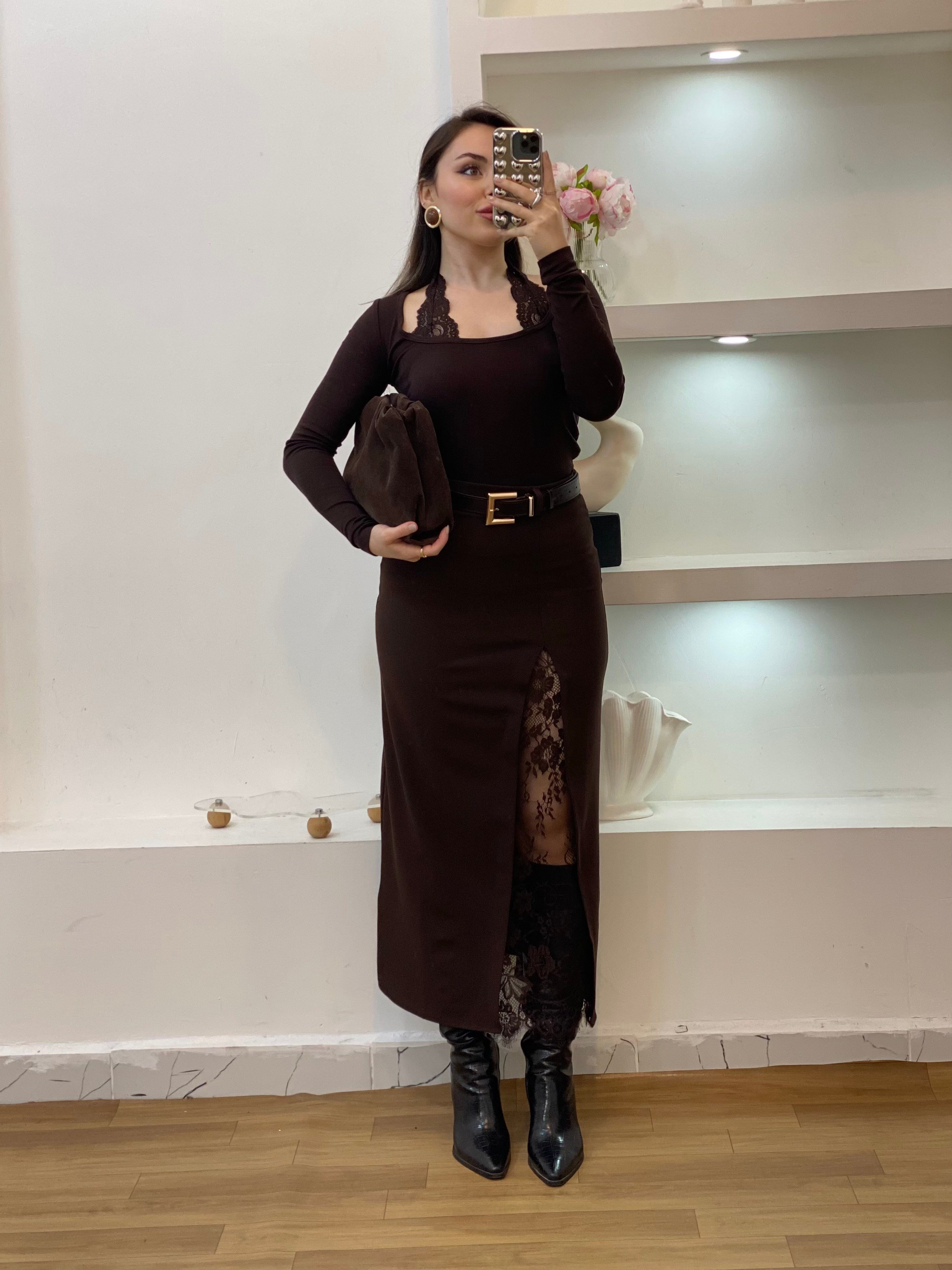 Q Marka Dantel Detaylı Kahve Bluz 