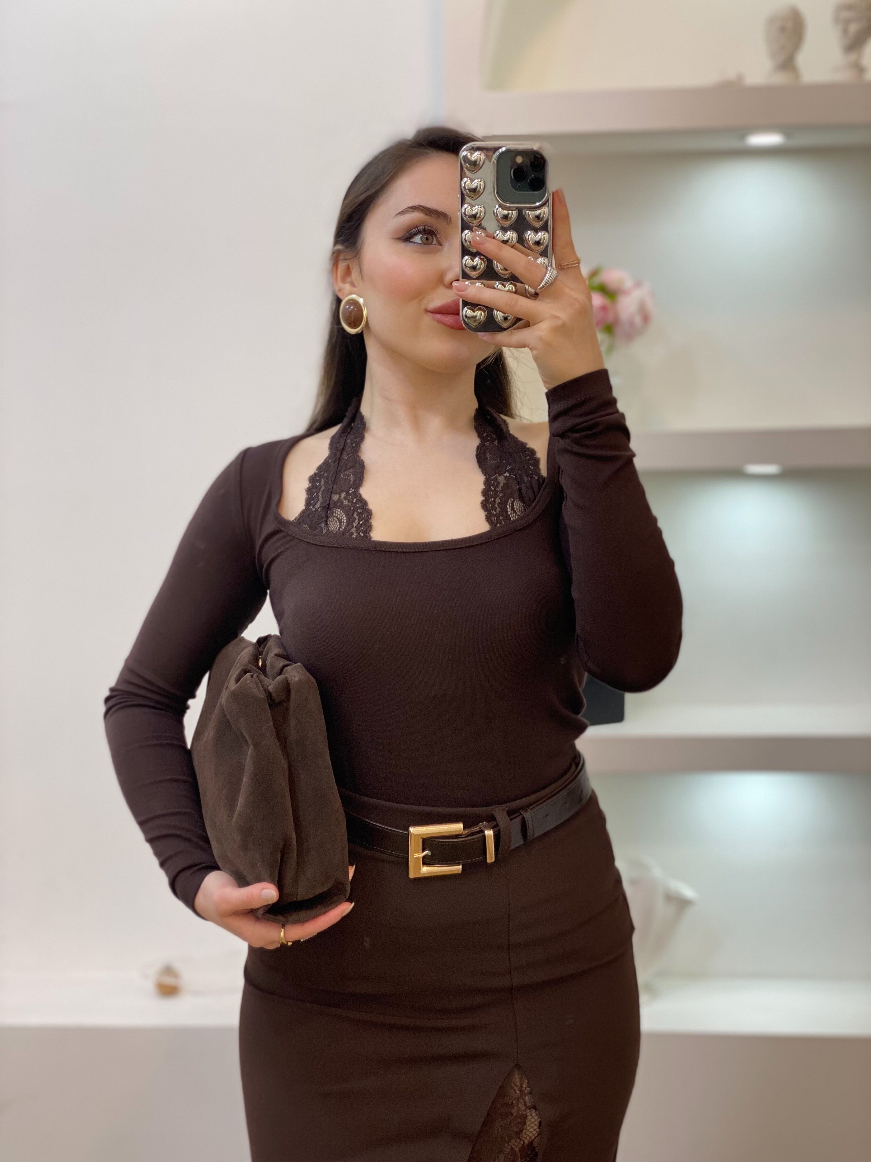 Q Marka Dantel Detaylı Kahve Bluz 