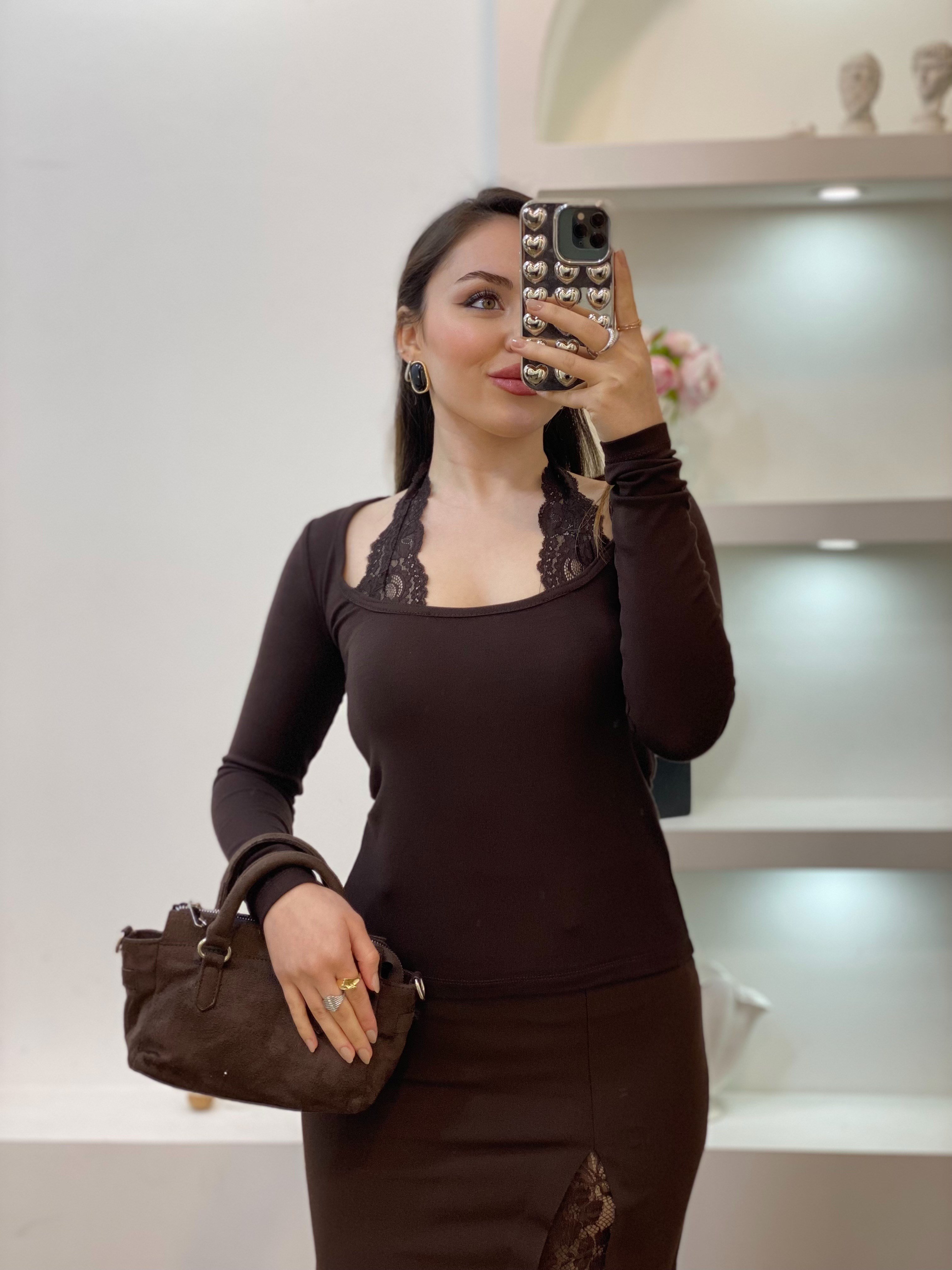 Q Marka Dantel Detaylı Kahve Bluz 