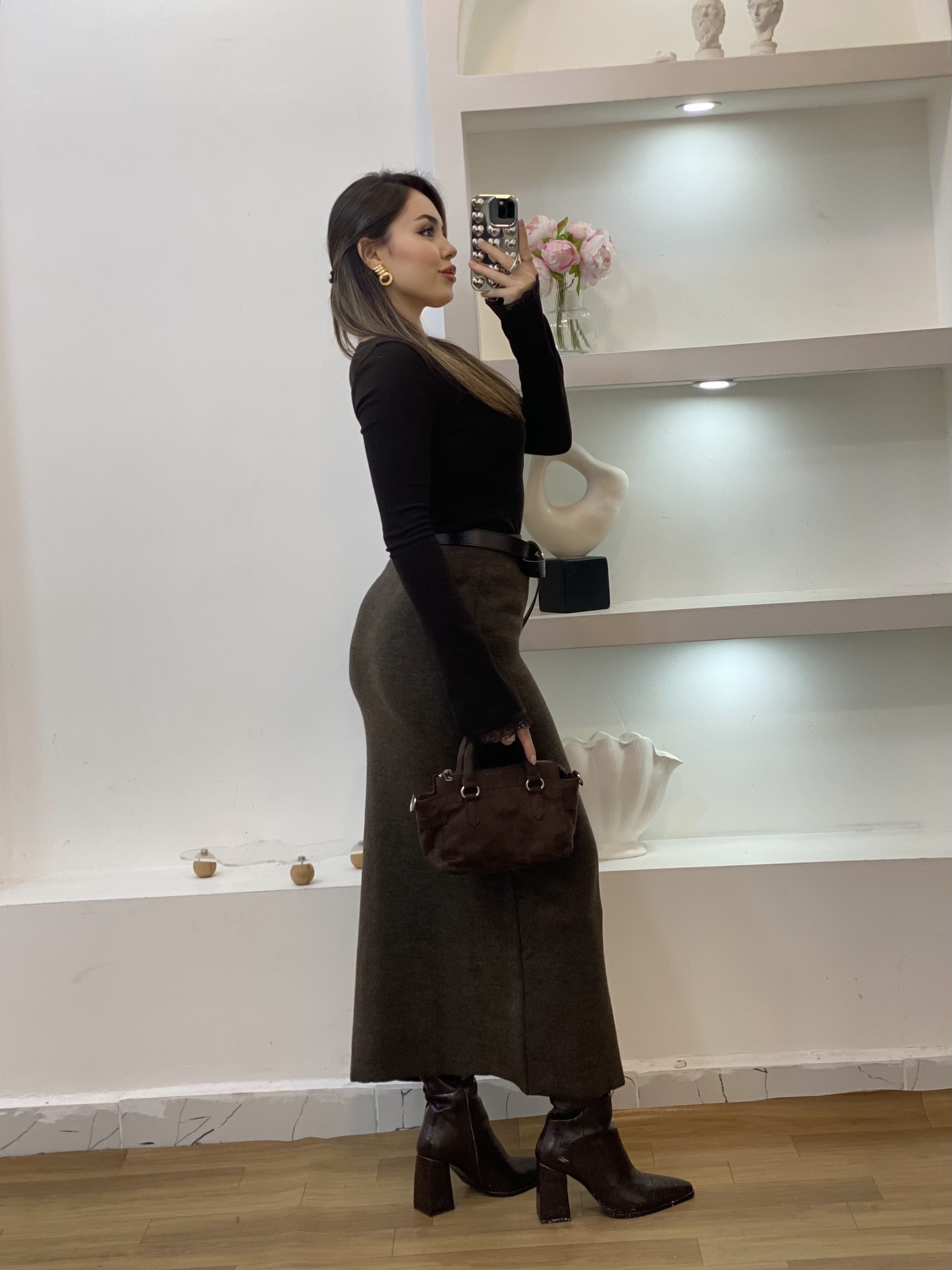 Q Marka Kahve Dantel Detaylı Triko Etek