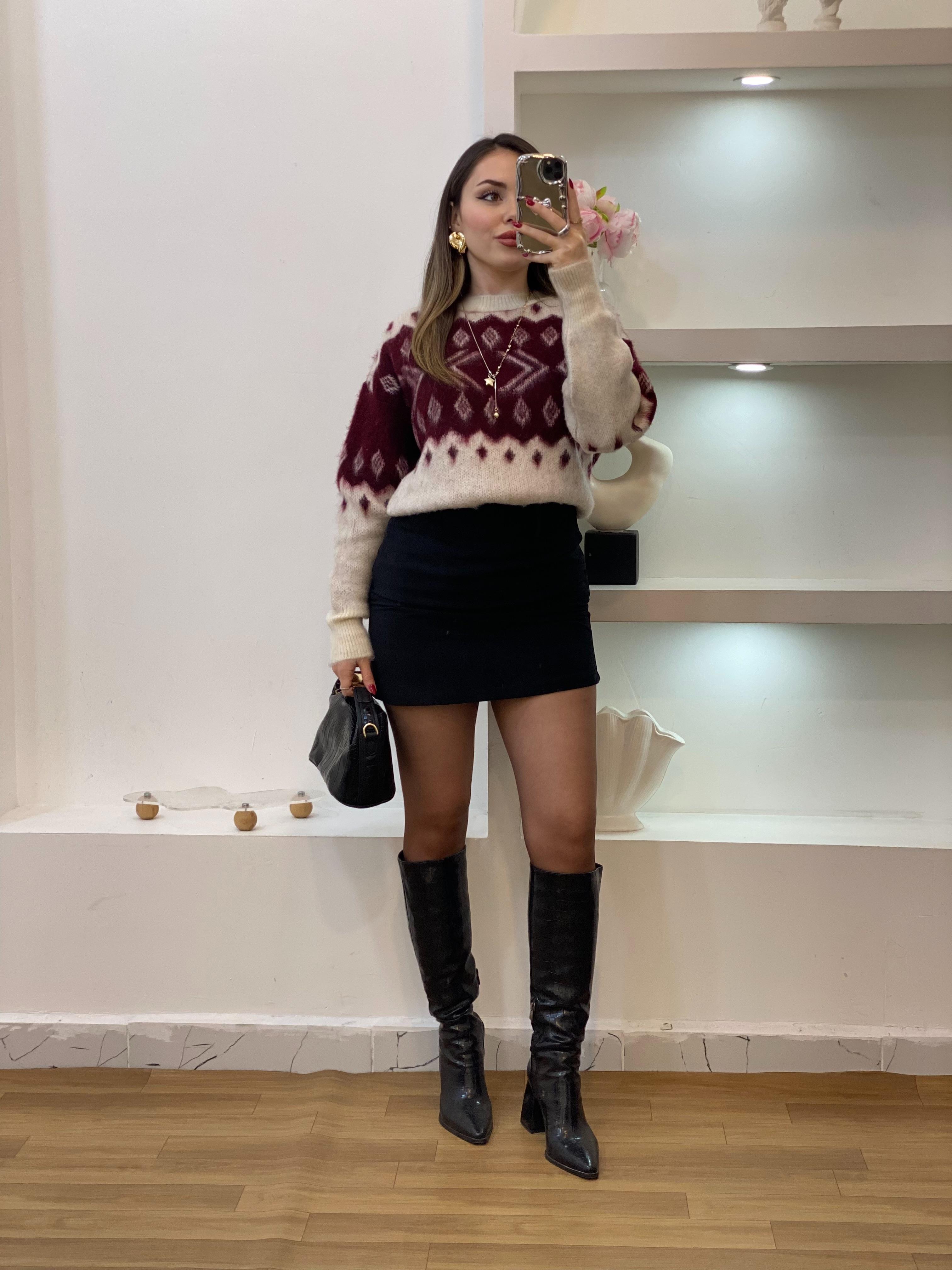 Q Marka Lüx Kalite Bordo Bej Desenli Kazak