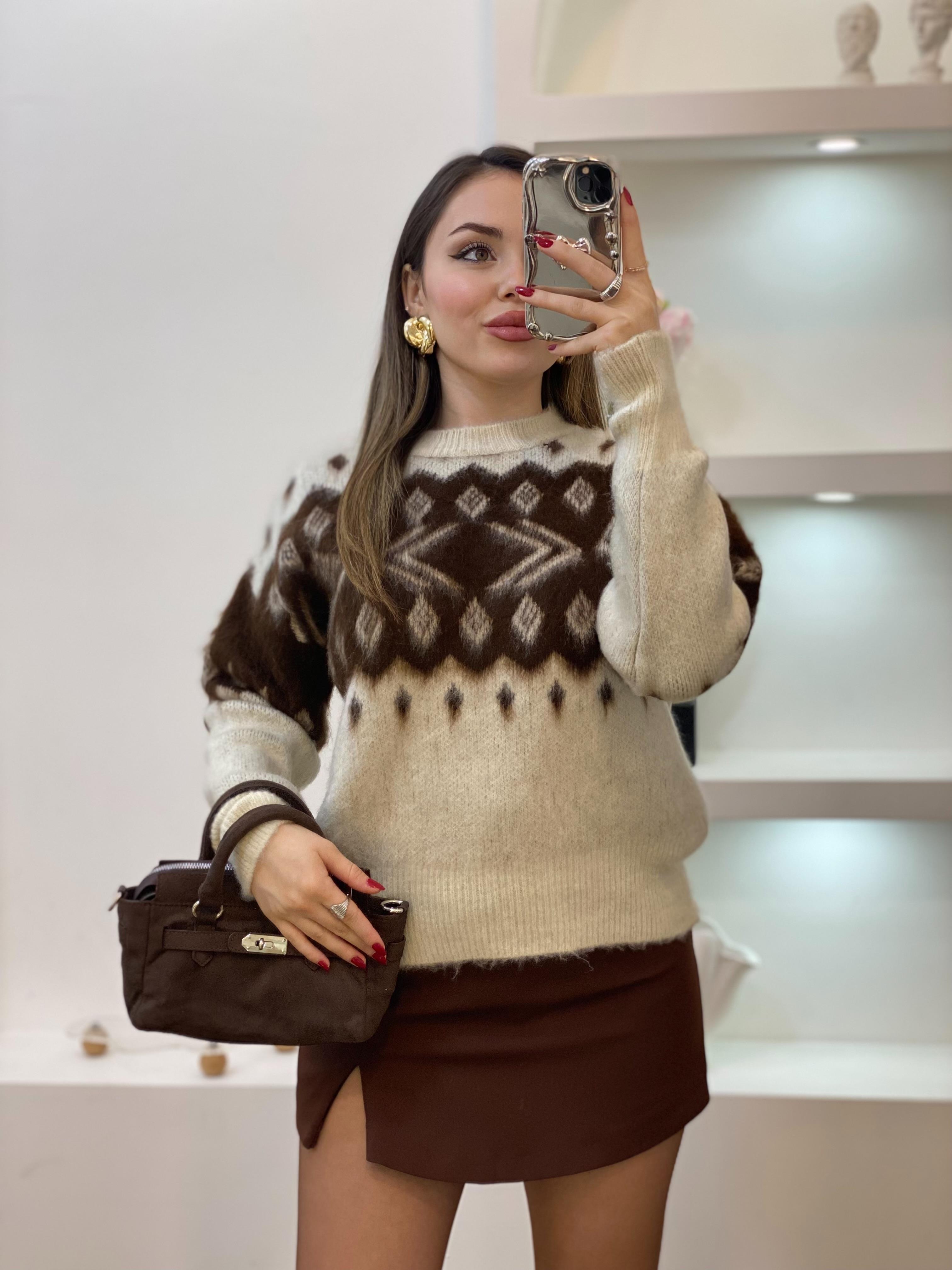 Q Marka Lüx Kalite Kahve Bej Desenli Kazak