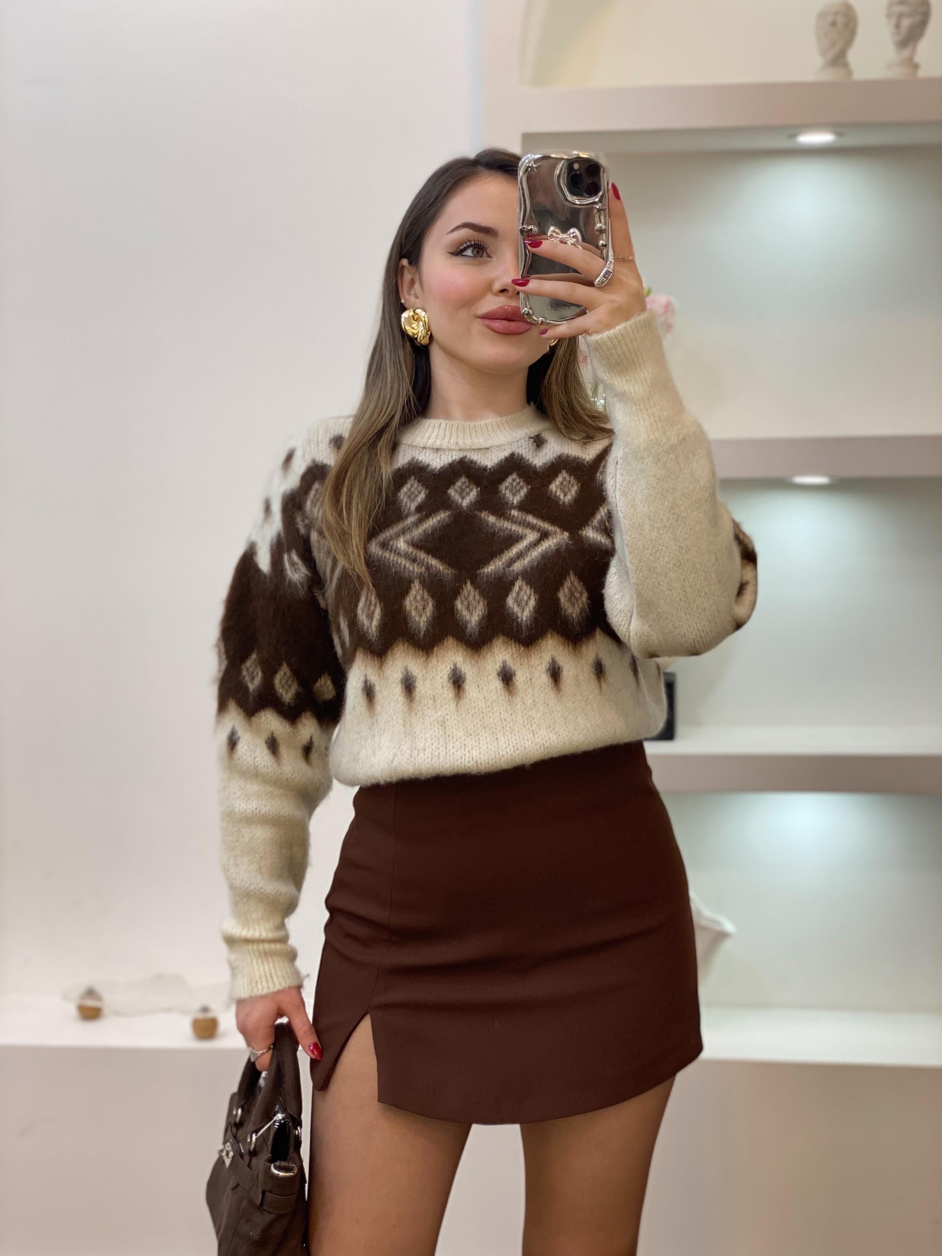 Q Marka Lüx Kalite Kahve Bej Desenli Kazak