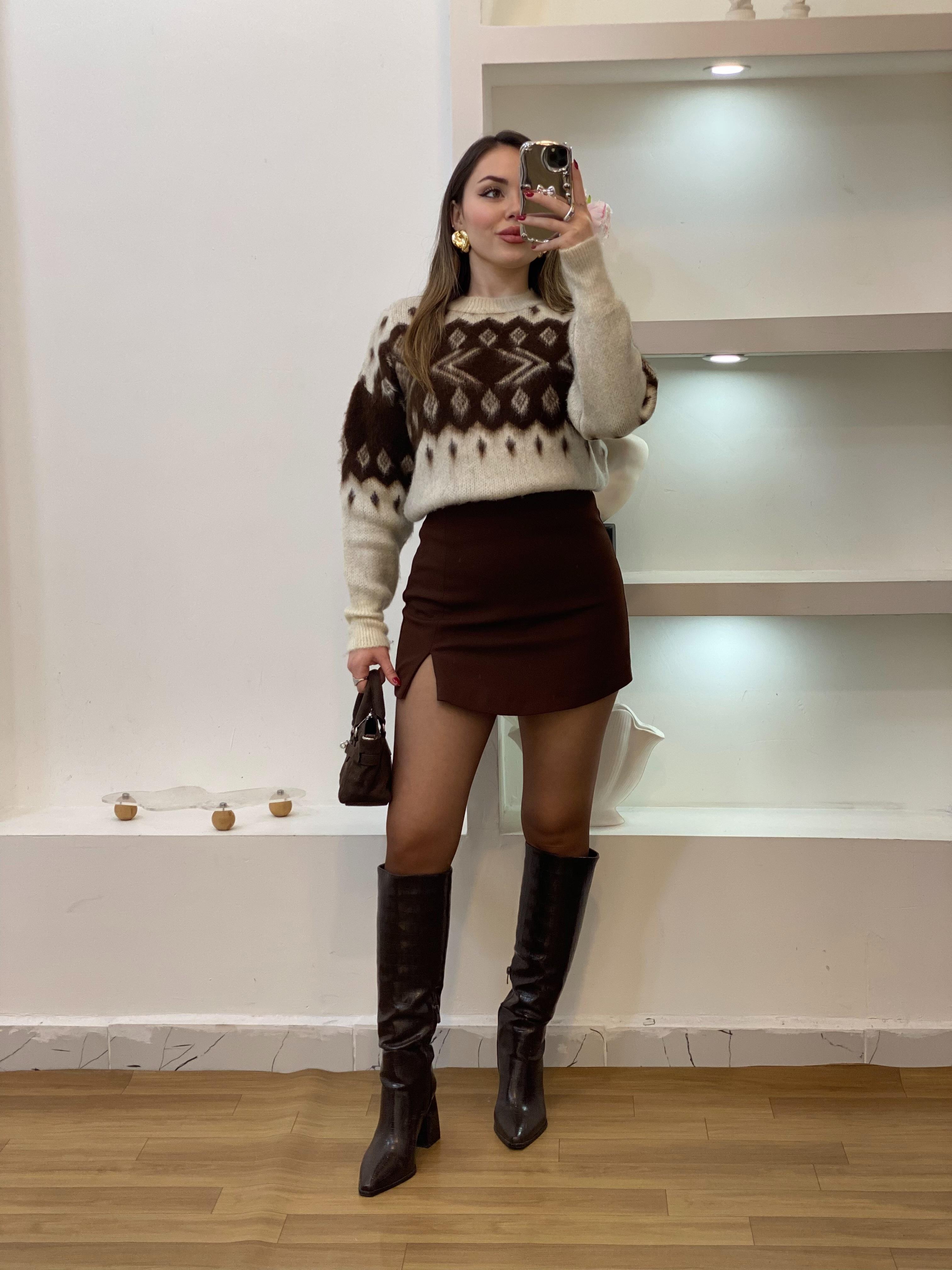Q Marka Lüx Kalite Kahve Bej Desenli Kazak