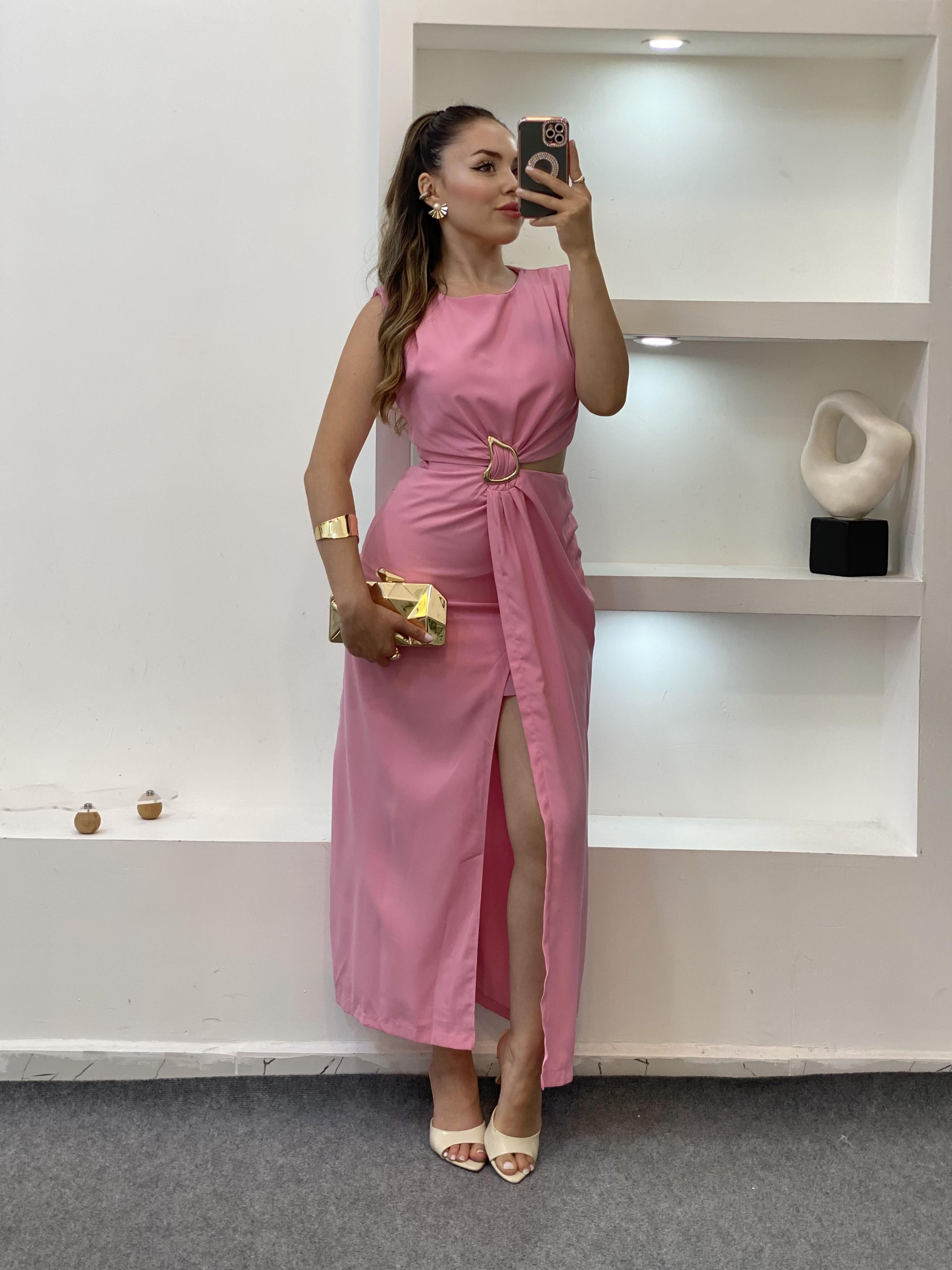 Q Marka Pembe Beli Mini Dekolteli Elbise