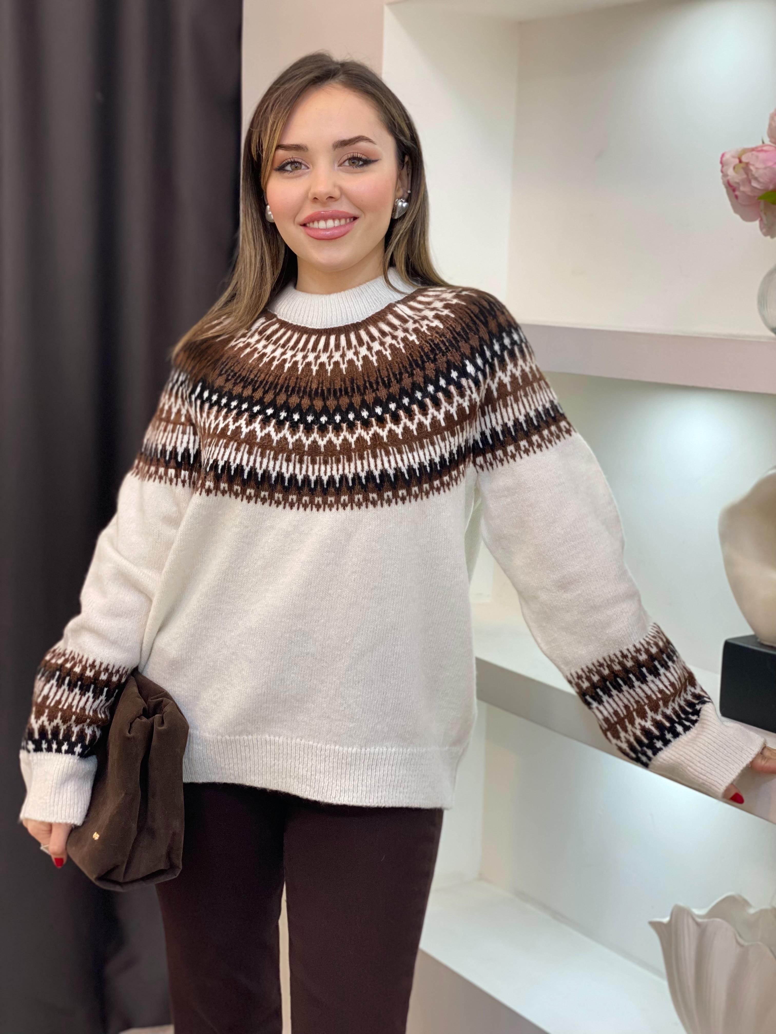 Q Marka Premium Beyaz Kahve Desenli Kazak