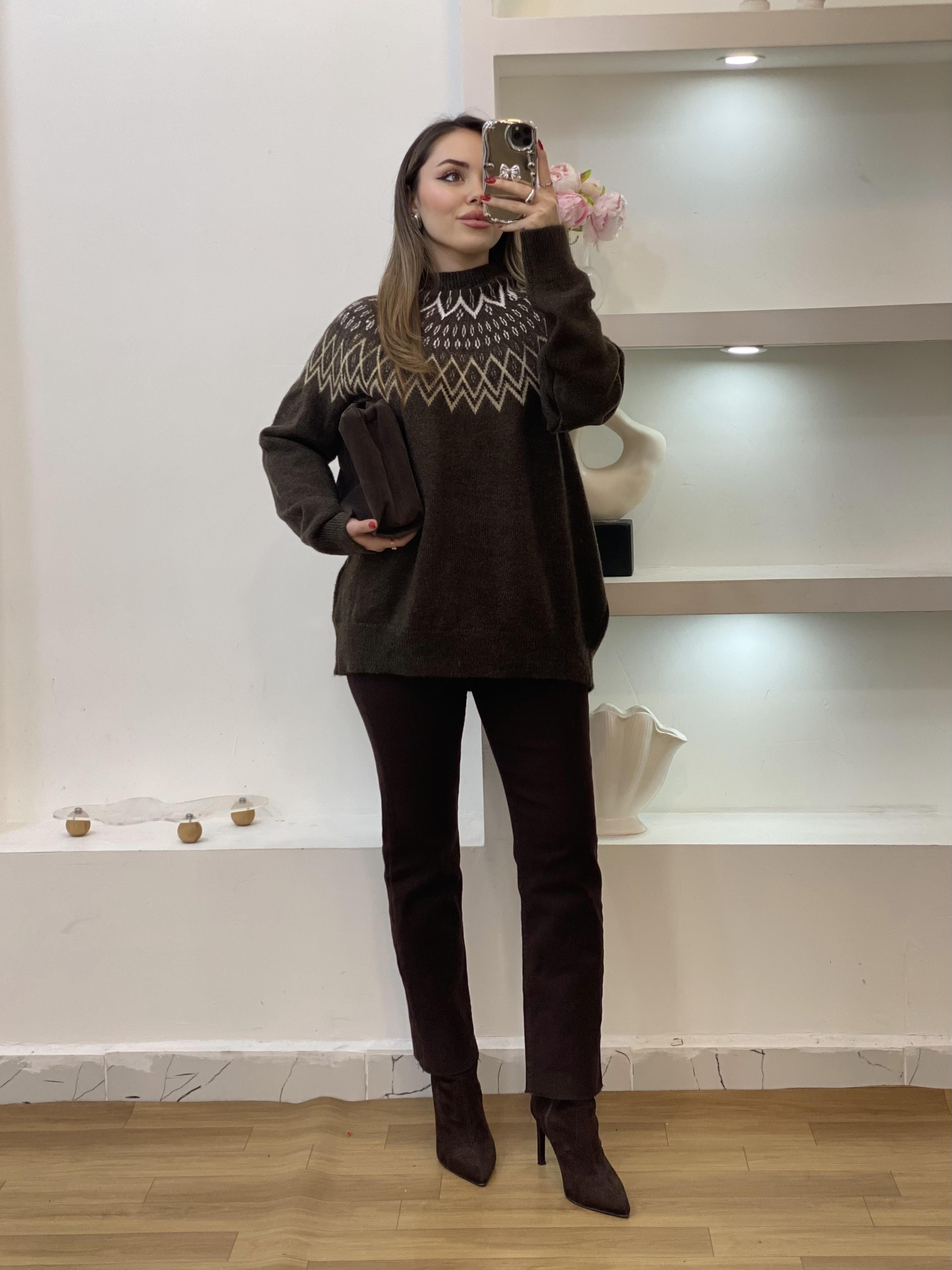 Q Marka Premium Kahve Melanj Desenli Kazak