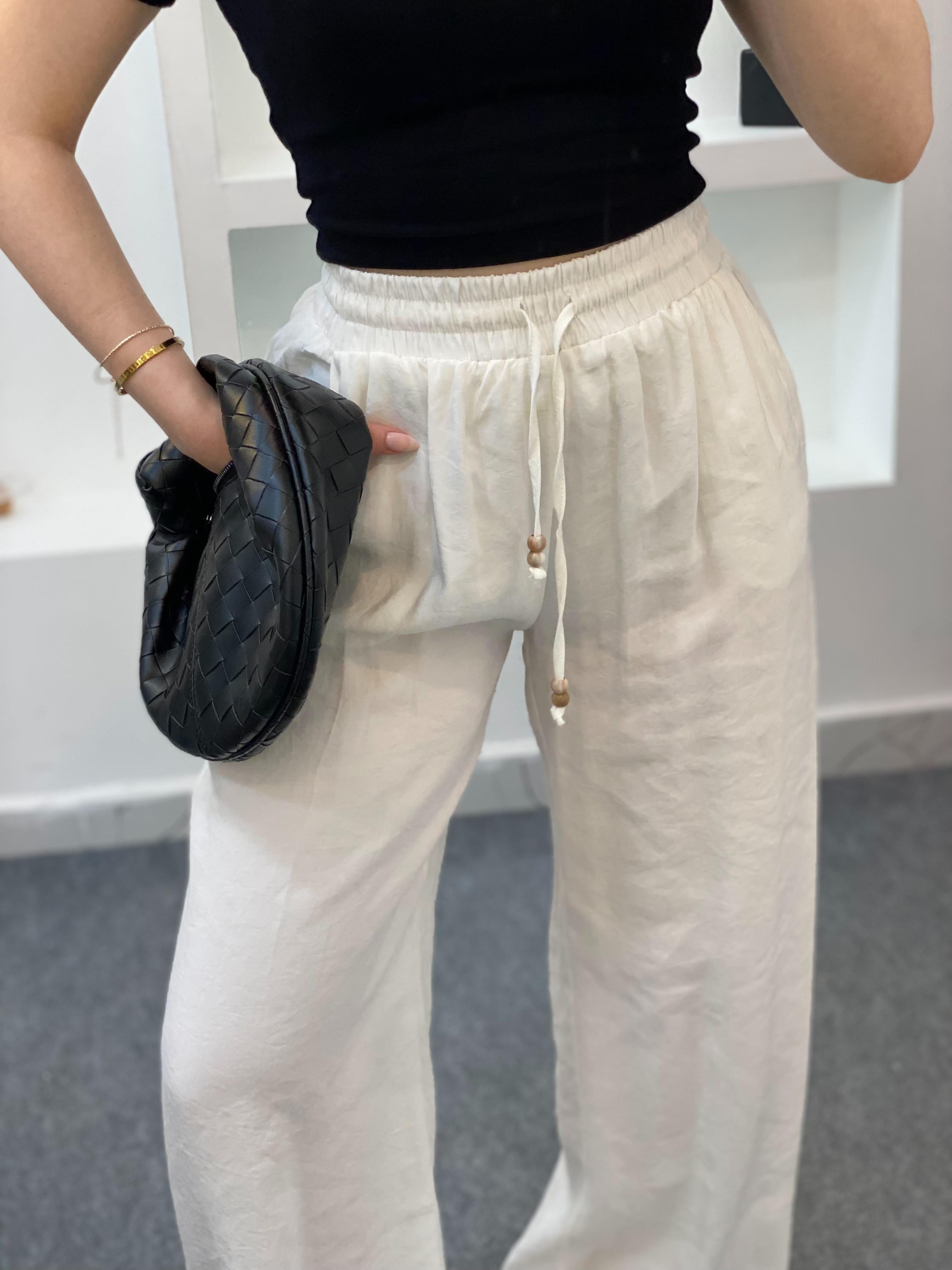 Quzu Marka Beyaz Renk Premium Kalite Beli Lastikli Palazzo Pantolon 