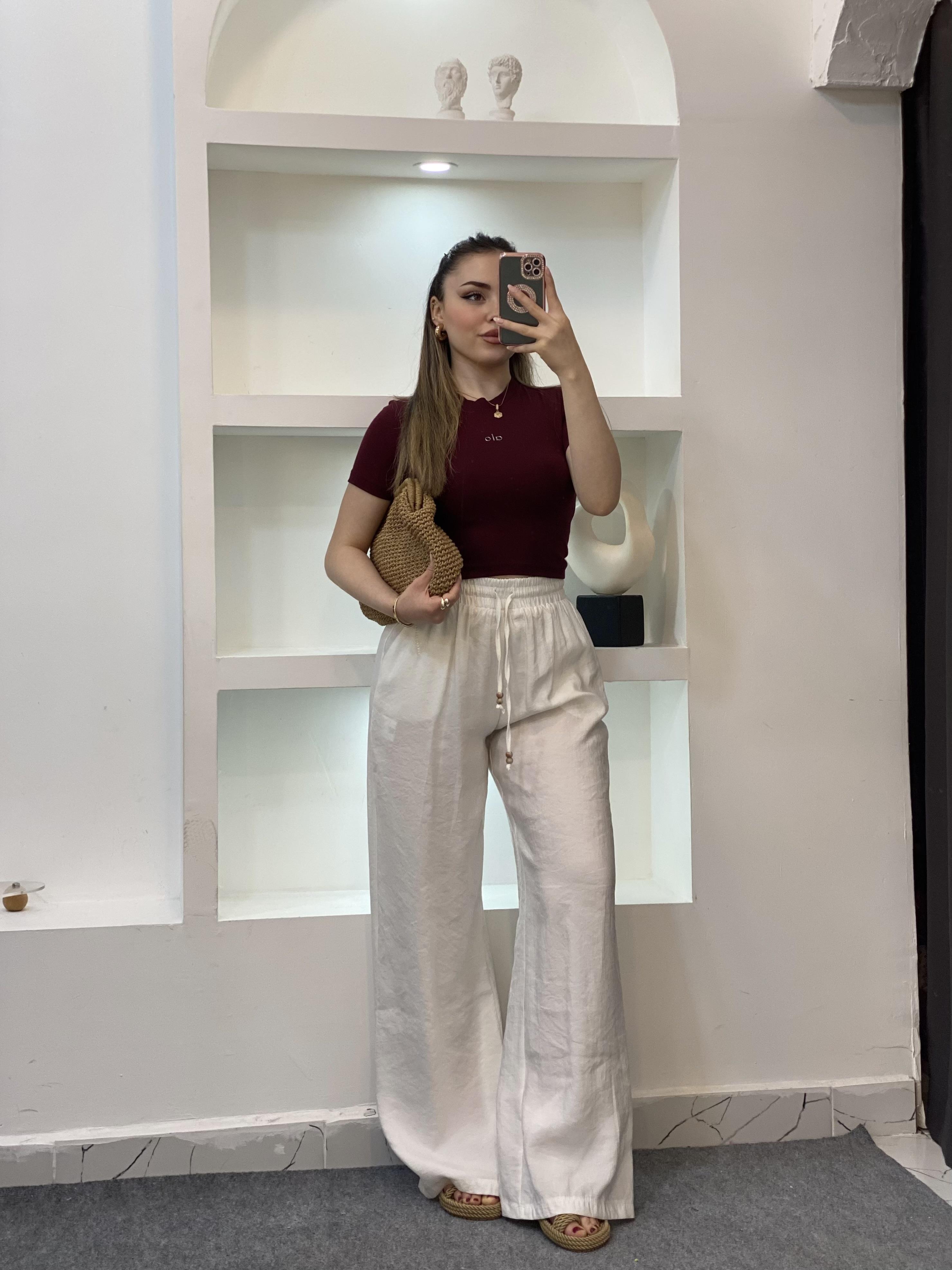 Quzu Marka Beyaz Renk Premium Kalite Beli Lastikli Palazzo Pantolon 