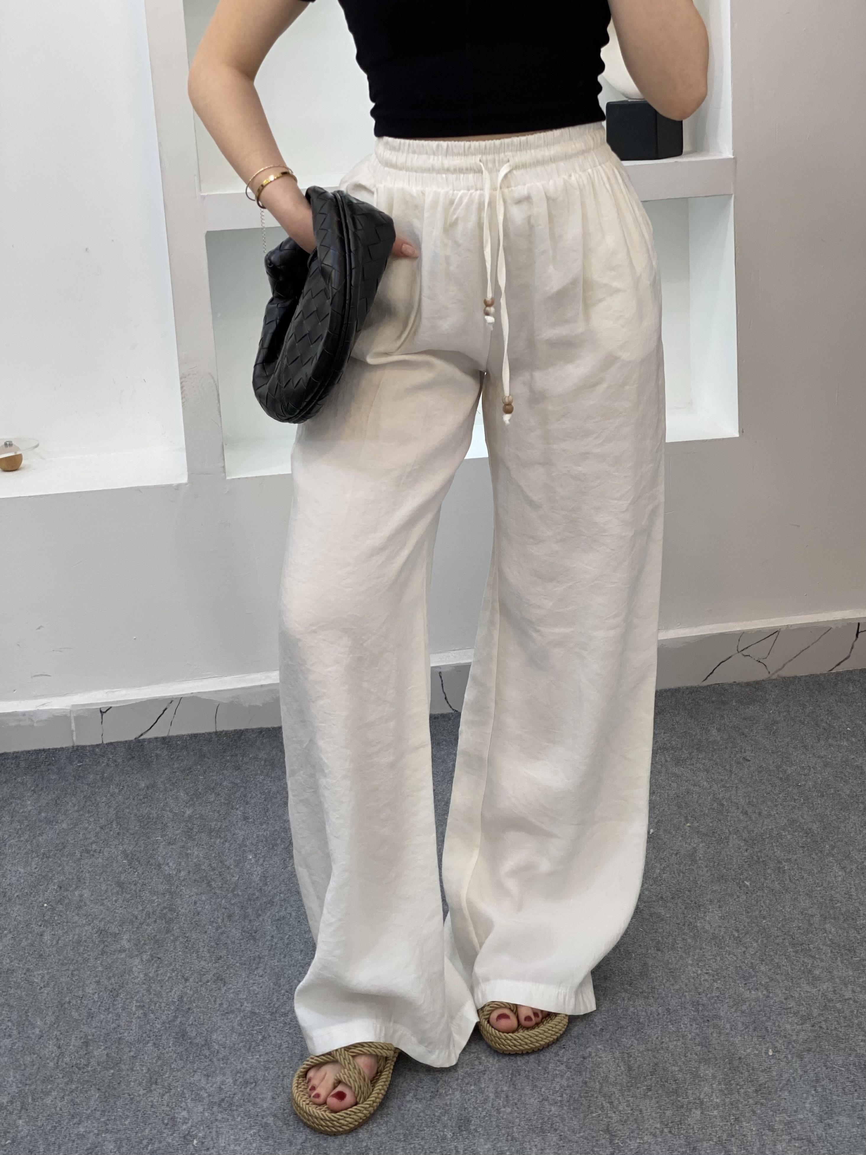 Quzu Marka Beyaz Renk Premium Kalite Beli Lastikli Palazzo Pantolon 