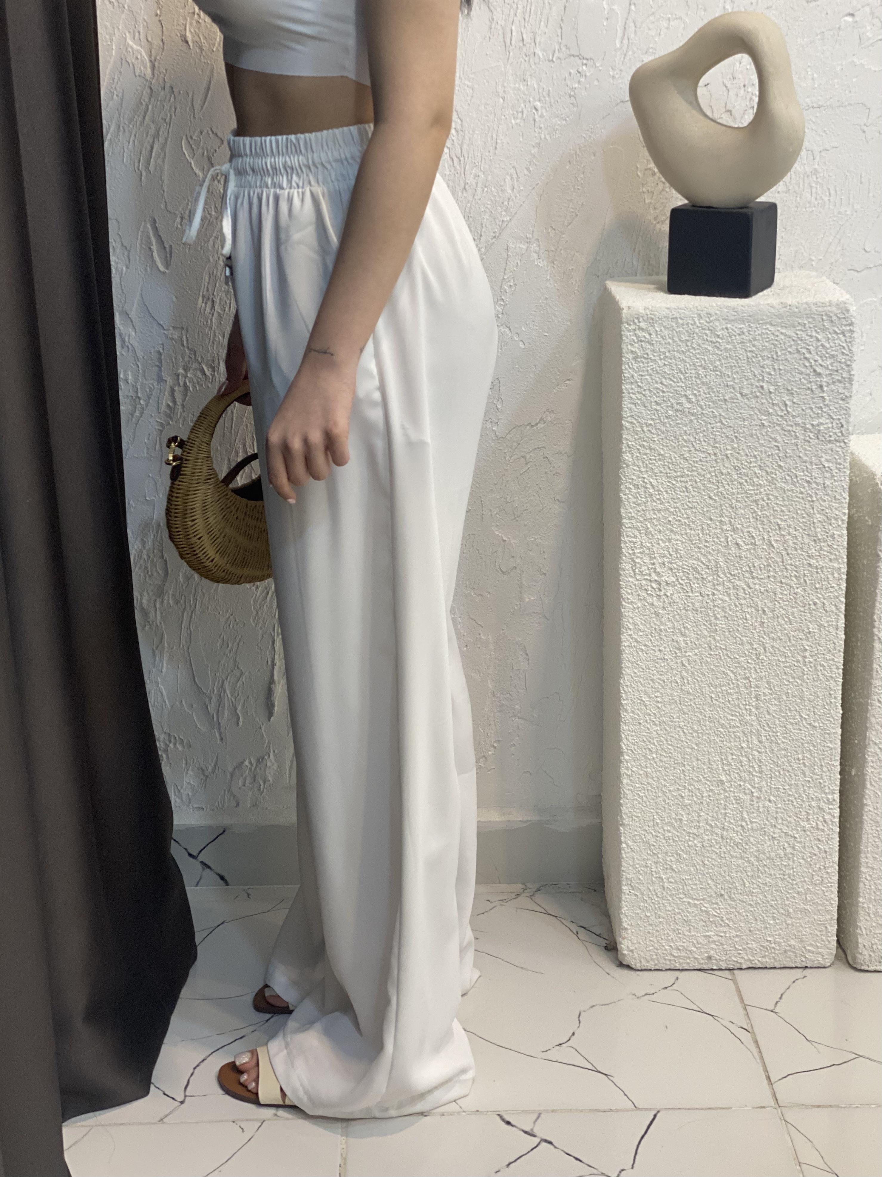 Quzu Marka Beyaz Yüksek Bel Beli Lastikli Palazzo Pantolon 