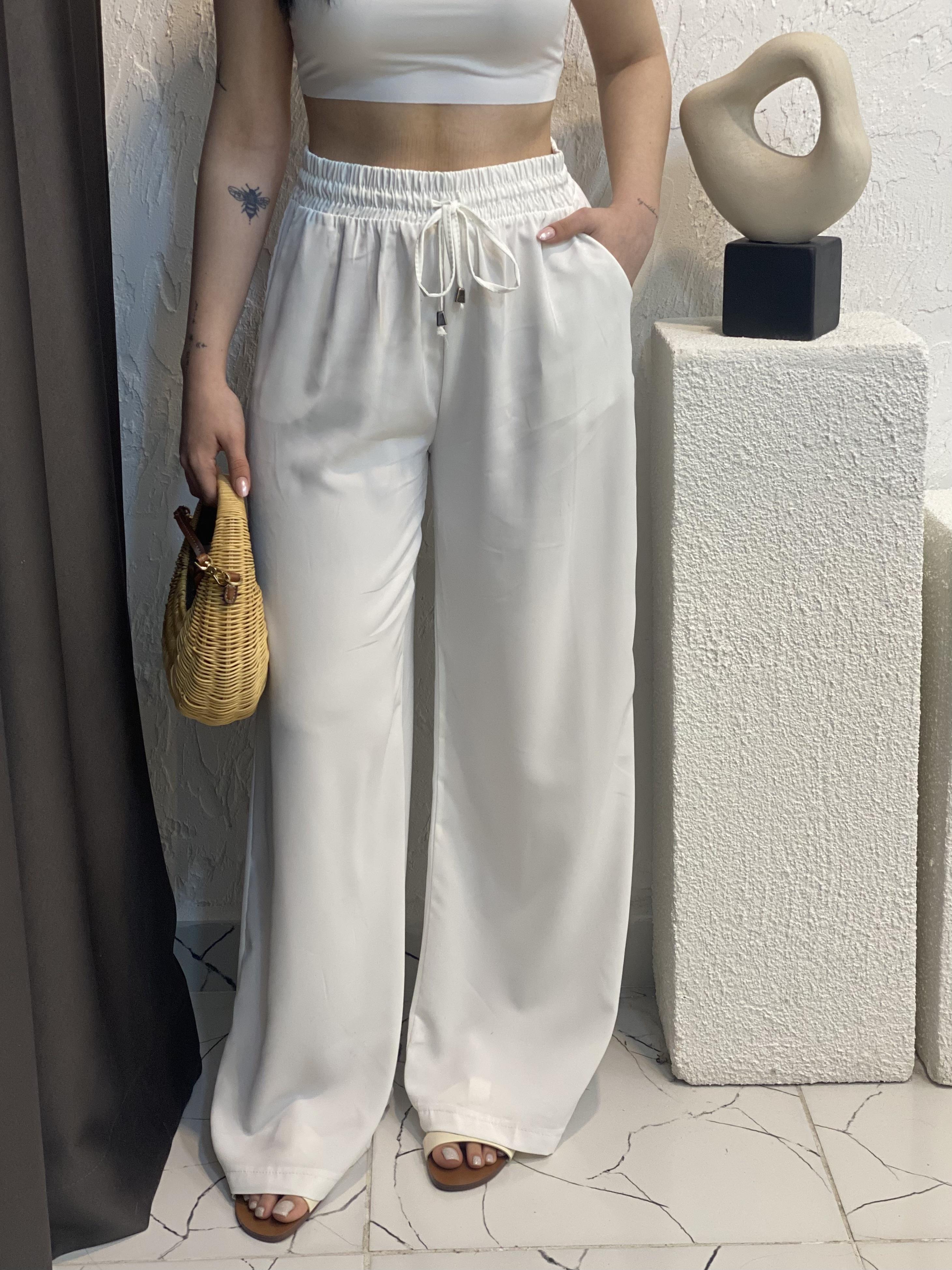 Quzu Marka Beyaz Yüksek Bel Beli Lastikli Palazzo Pantolon 