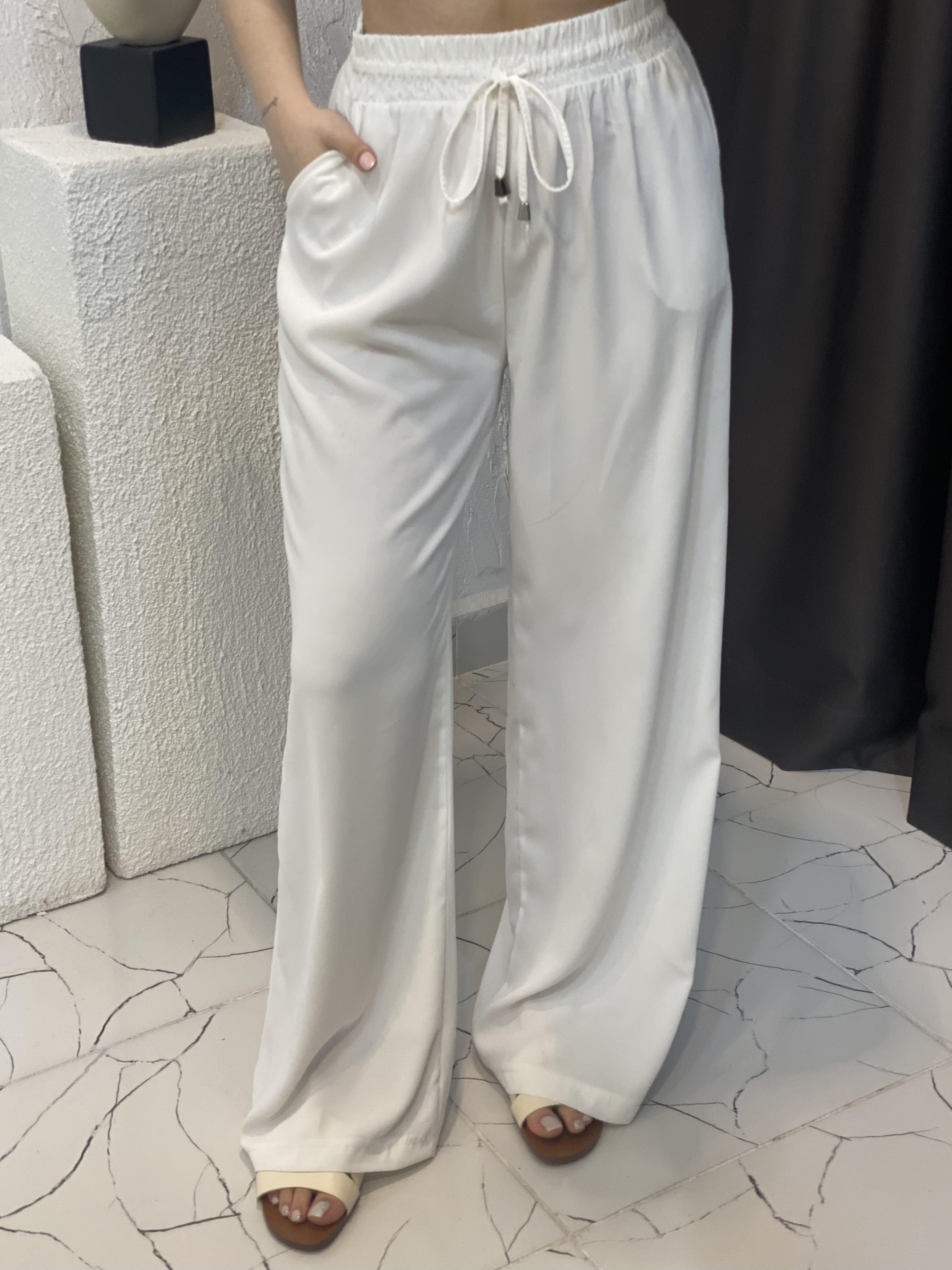 Quzu Marka Beyaz Yüksek Bel Beli Lastikli Palazzo Pantolon 
