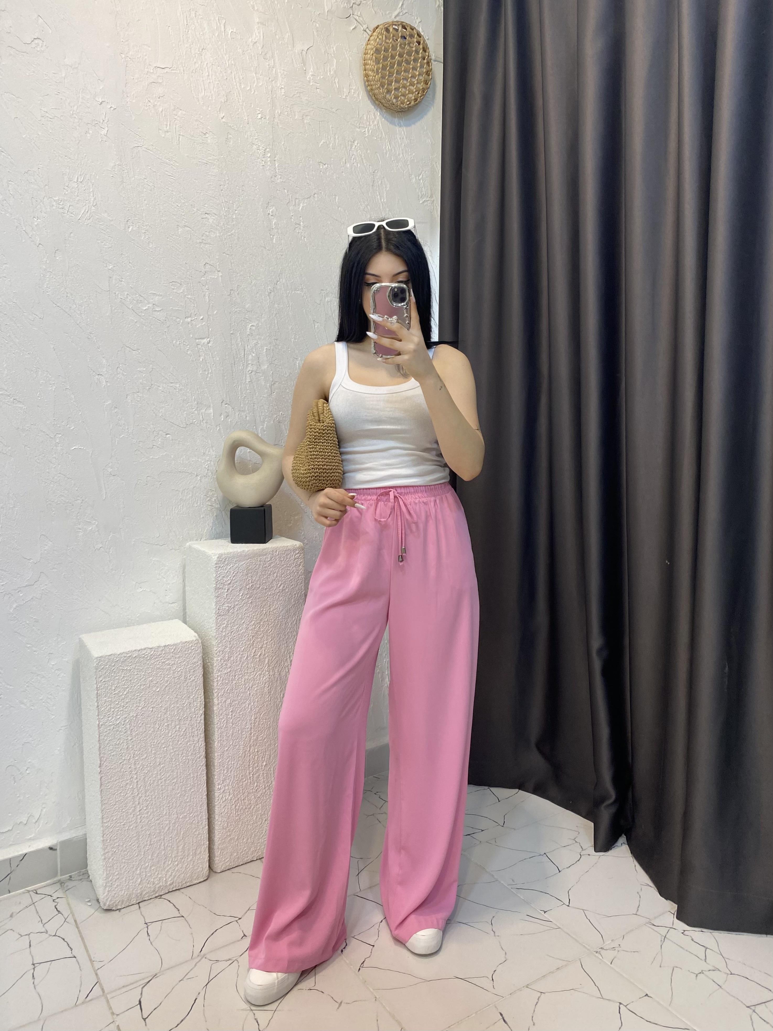 Quzu Marka Pembe Yüksek Bel Beli Lastikli Palazzo Pantolon 