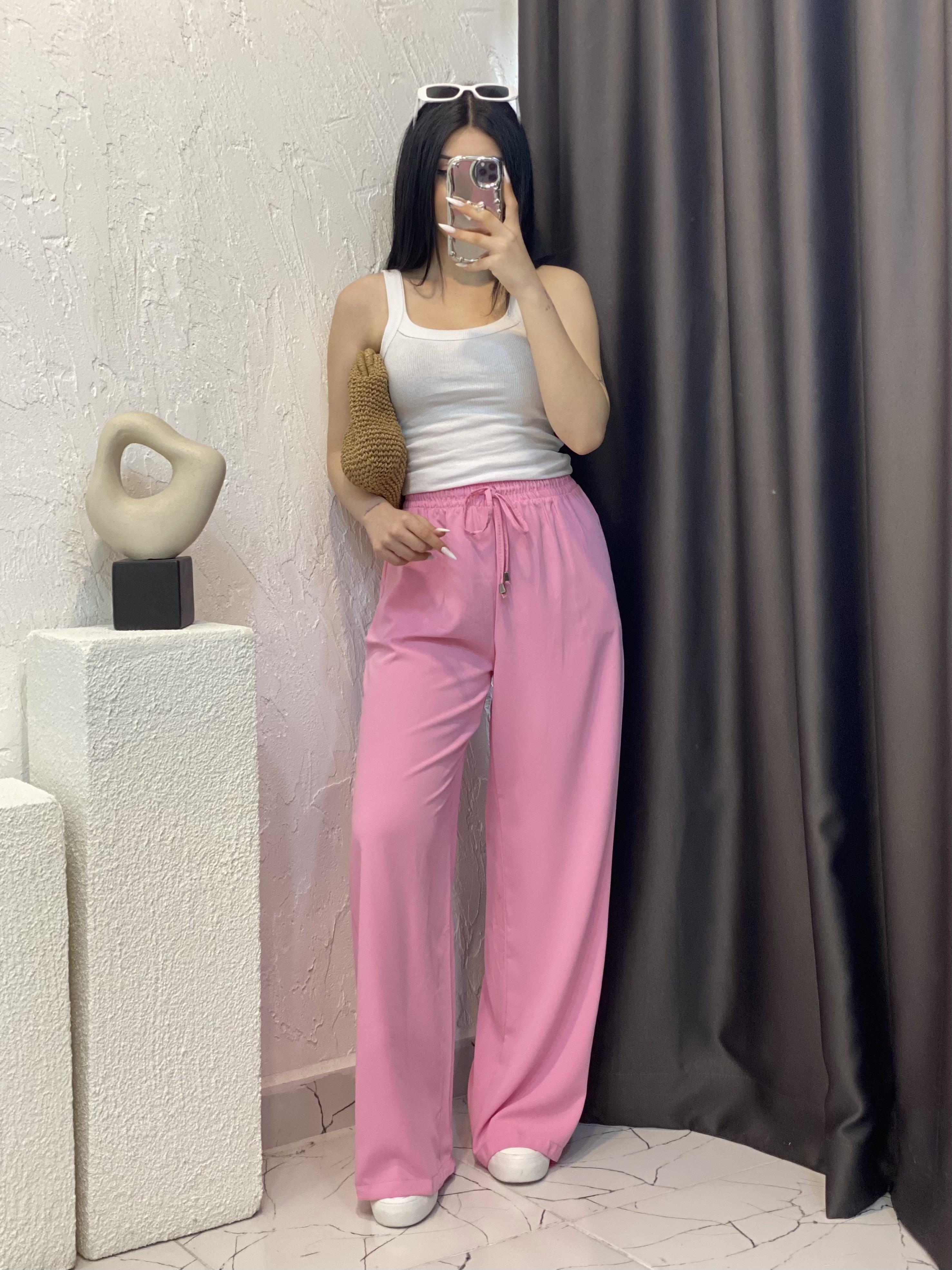 Quzu Marka Pembe Yüksek Bel Beli Lastikli Palazzo Pantolon 