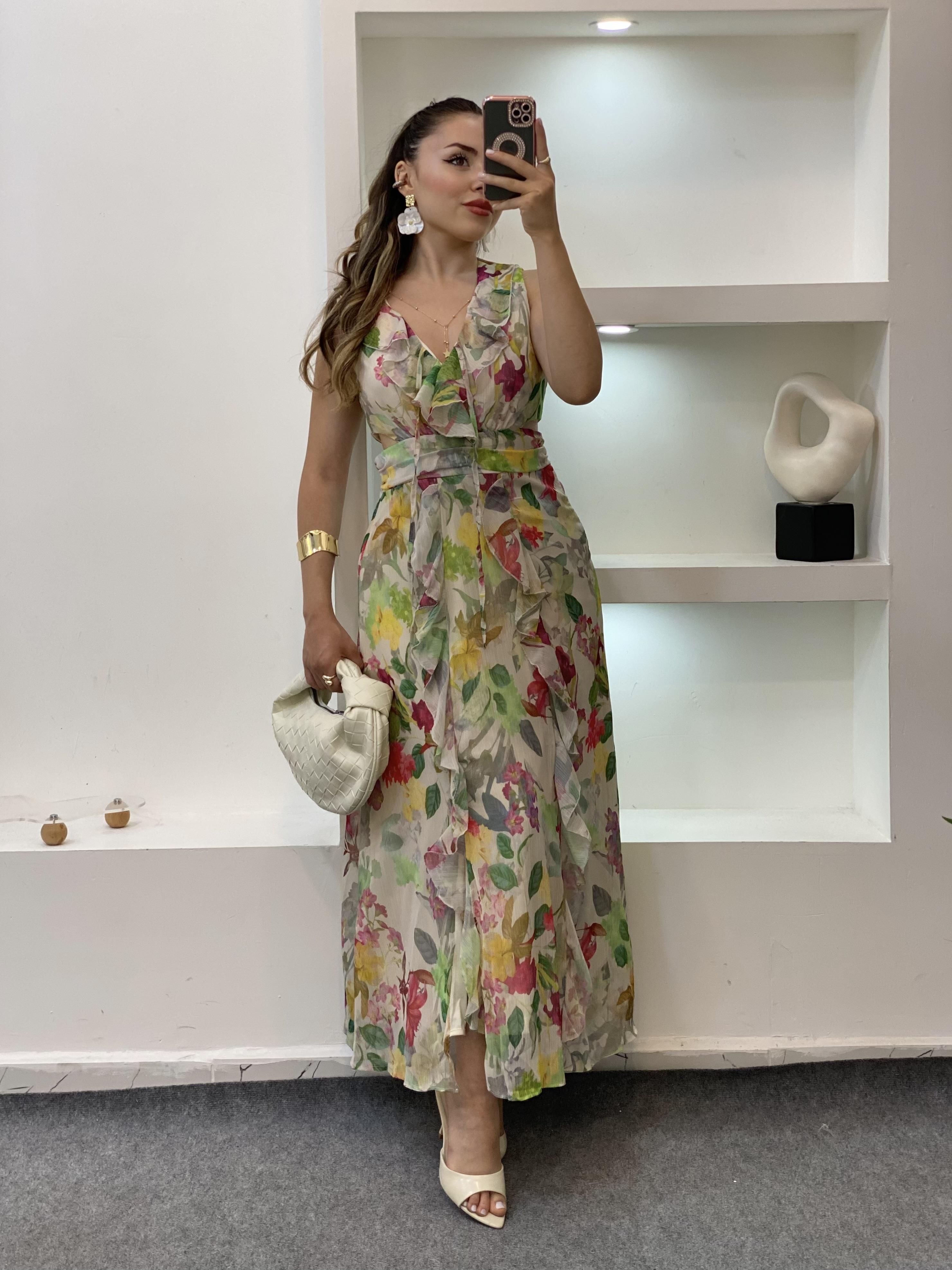 Renkli Bel Dekolteli Floral Elbise