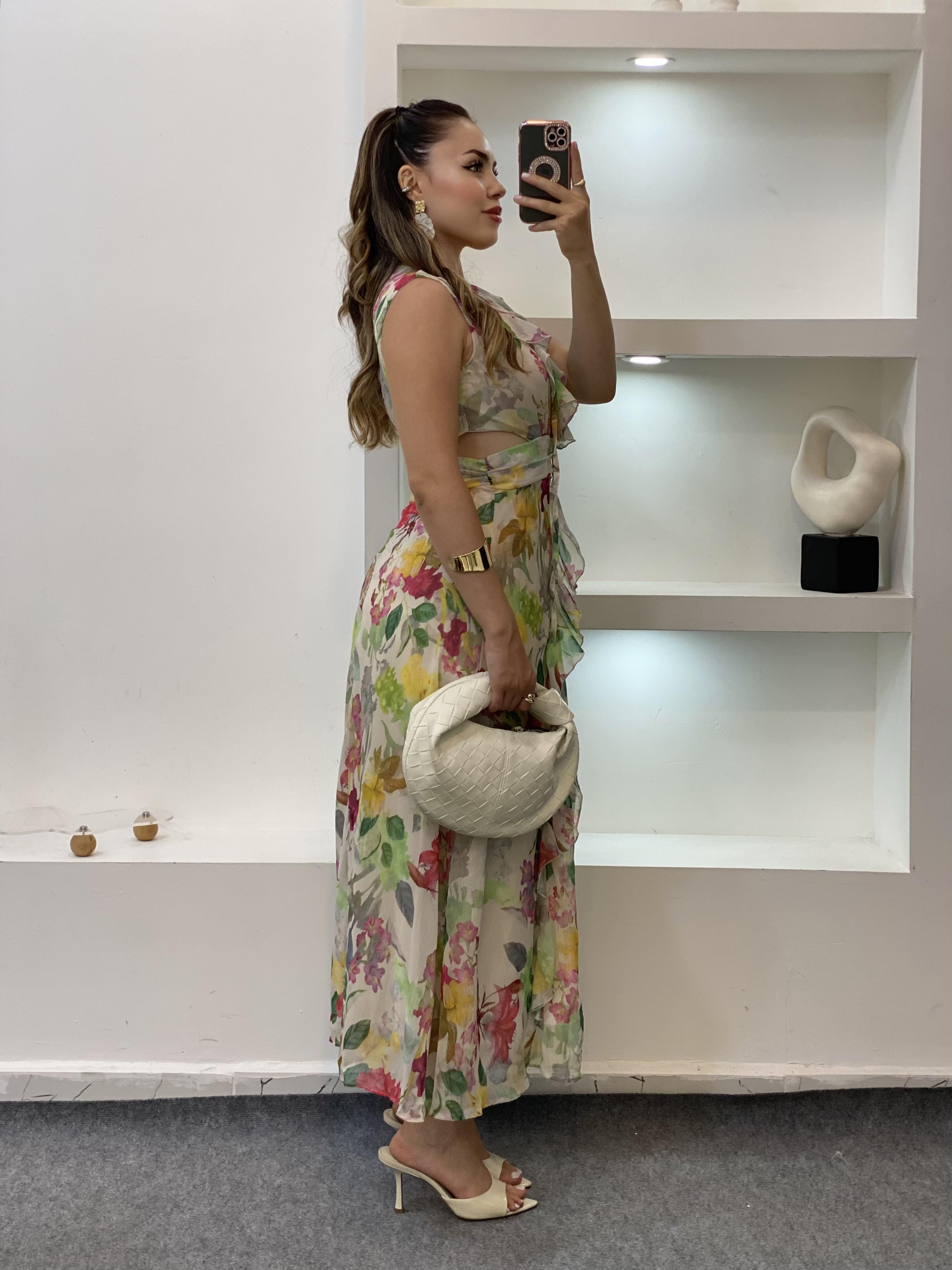 Renkli Bel Dekolteli Floral Elbise