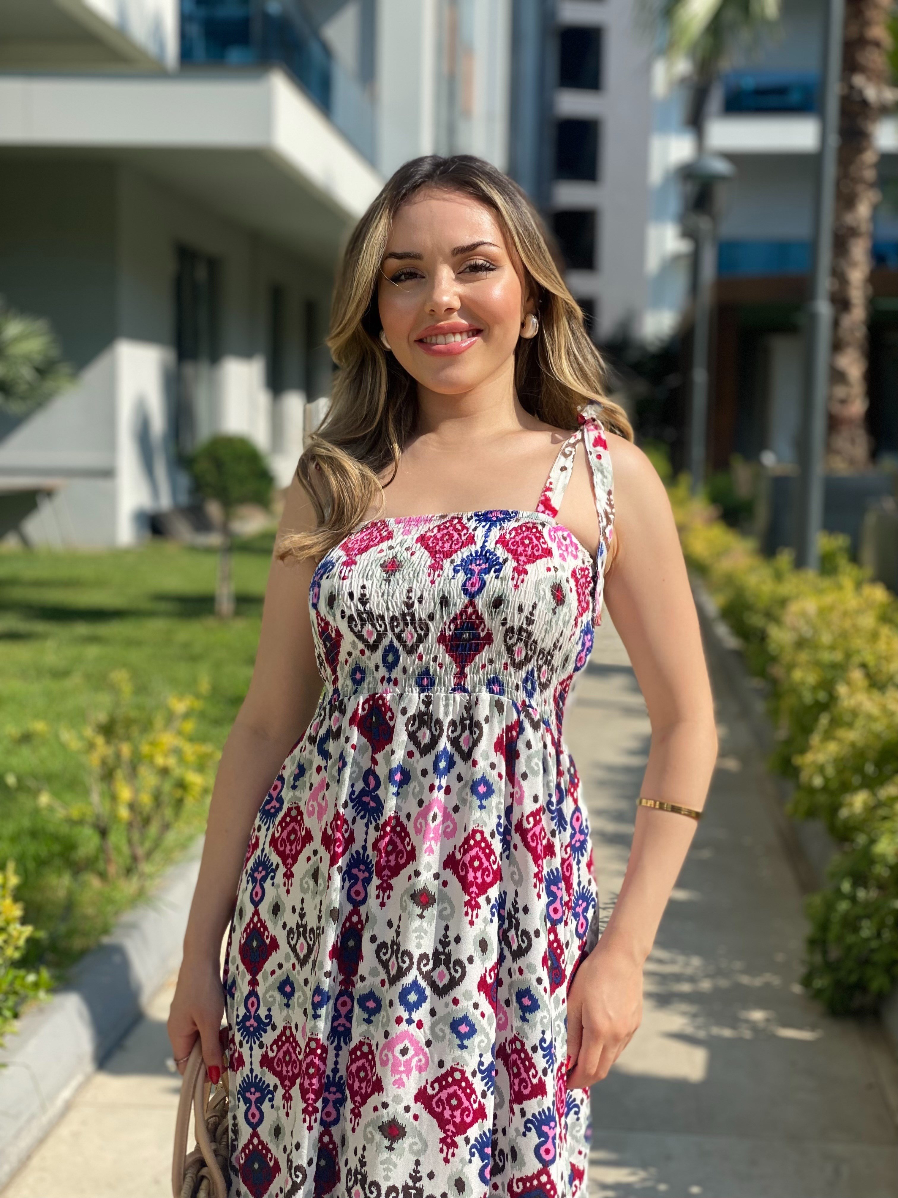 Renkli Omuz Bağlamalı Model Gipeli Elbise