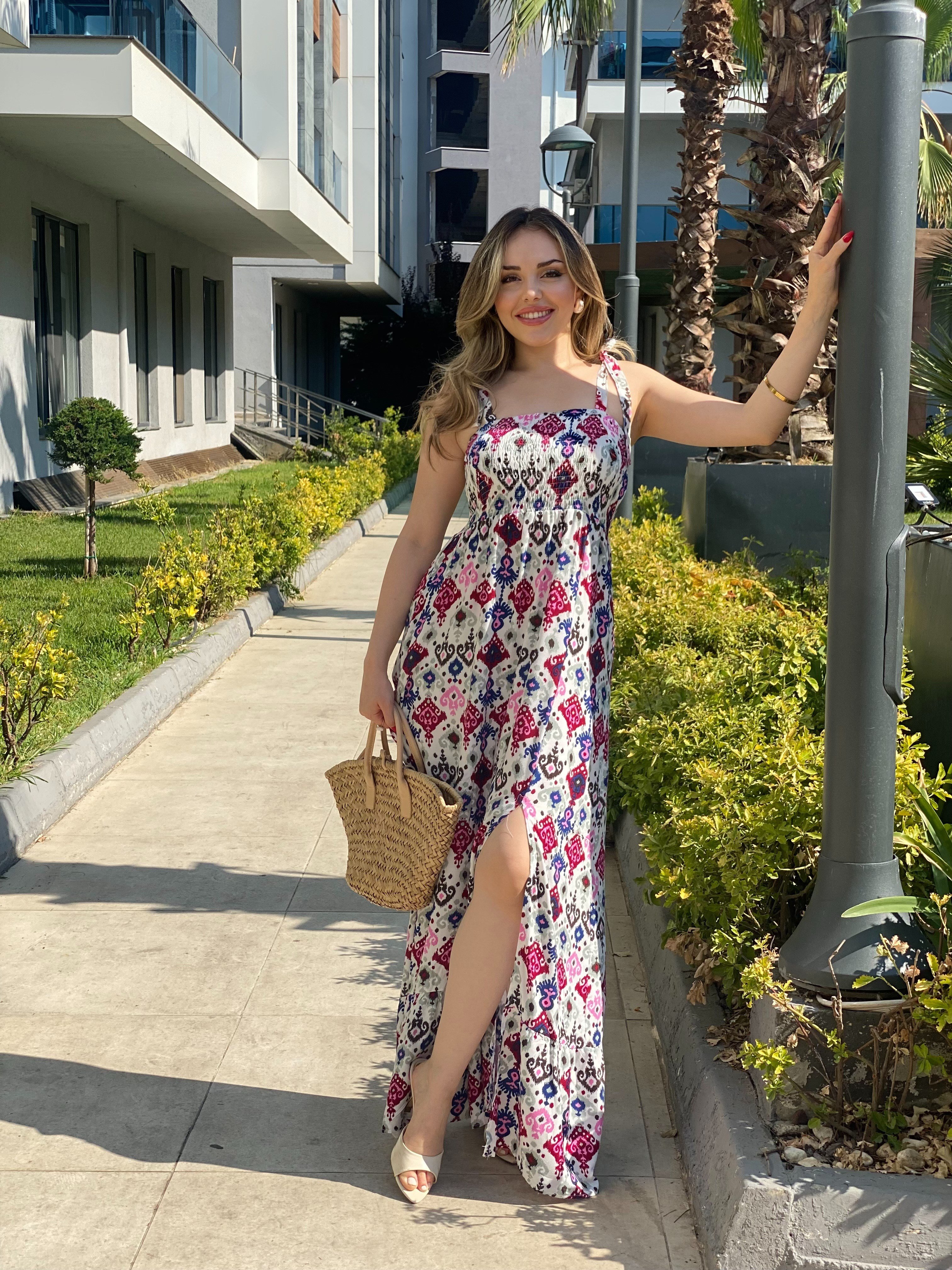 Renkli Omuz Bağlamalı Model Gipeli Elbise