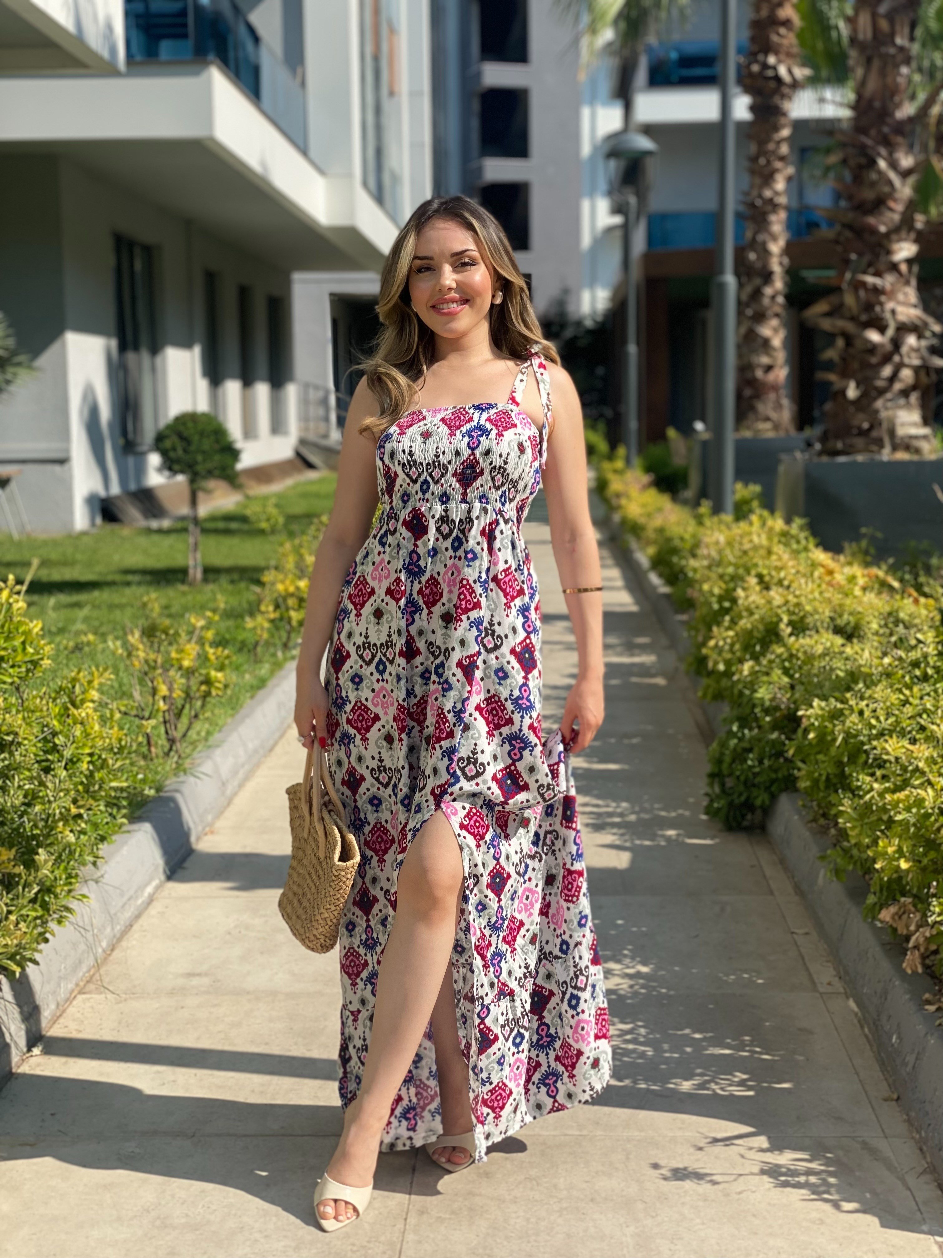 Renkli Omuz Bağlamalı Model Gipeli Elbise