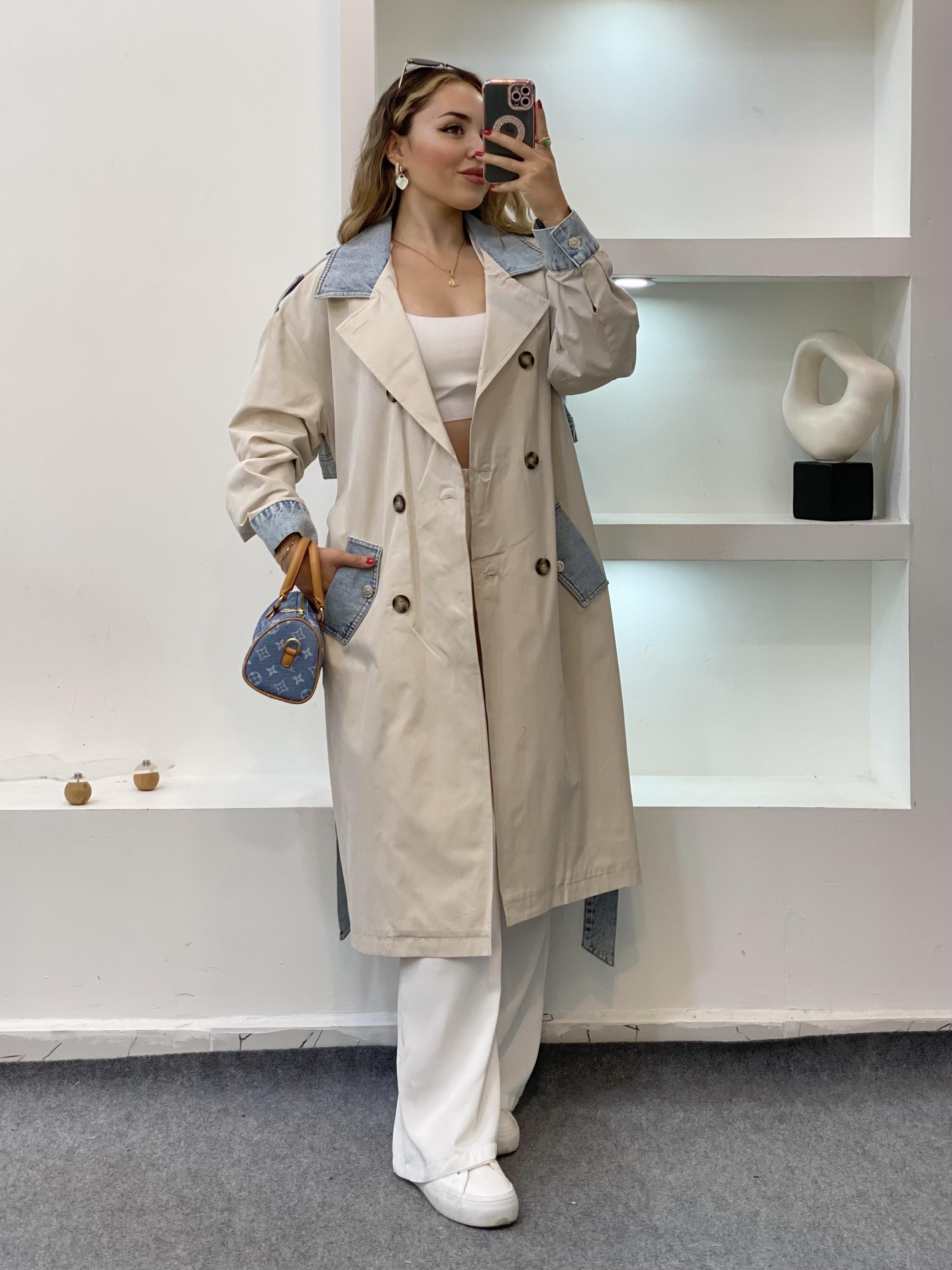 Robin Marka Jean Detaylı Premium Kalite  Maxi Boy Trenç