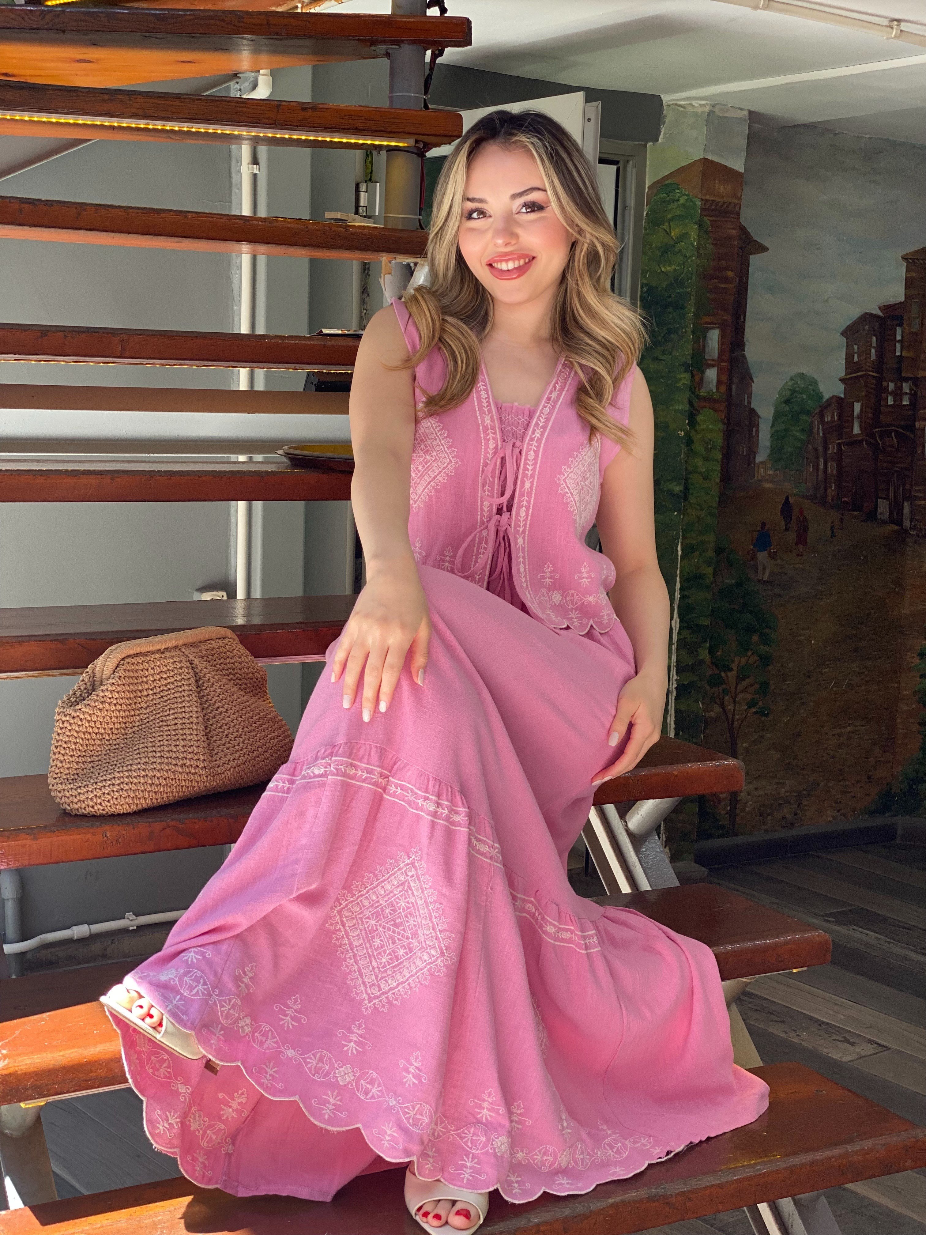 Robin Marka Lüx Kalite Pembe Yelek Elbise Takım