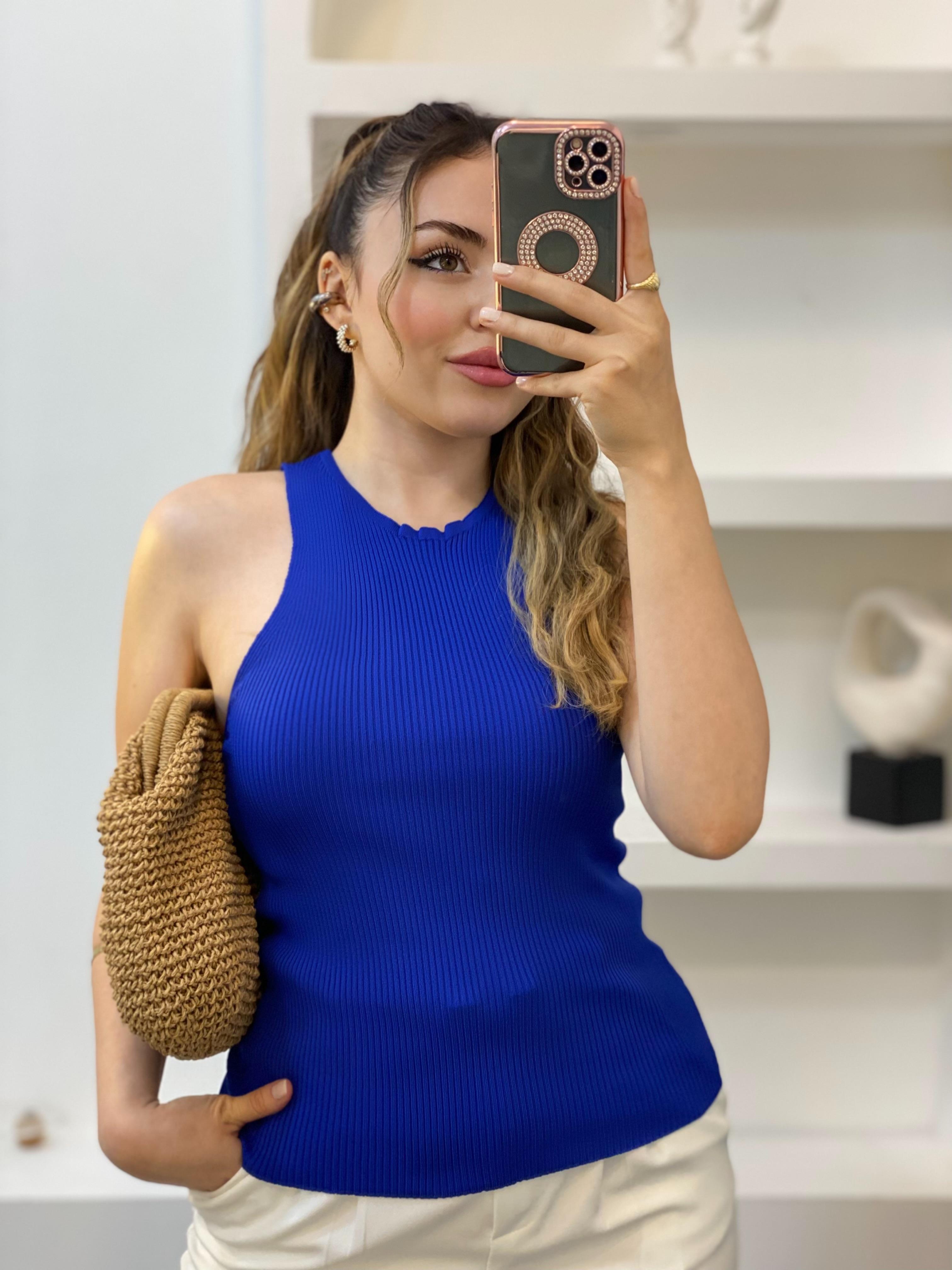 Saks Mavi Kolsuz Basic Triko Bluz