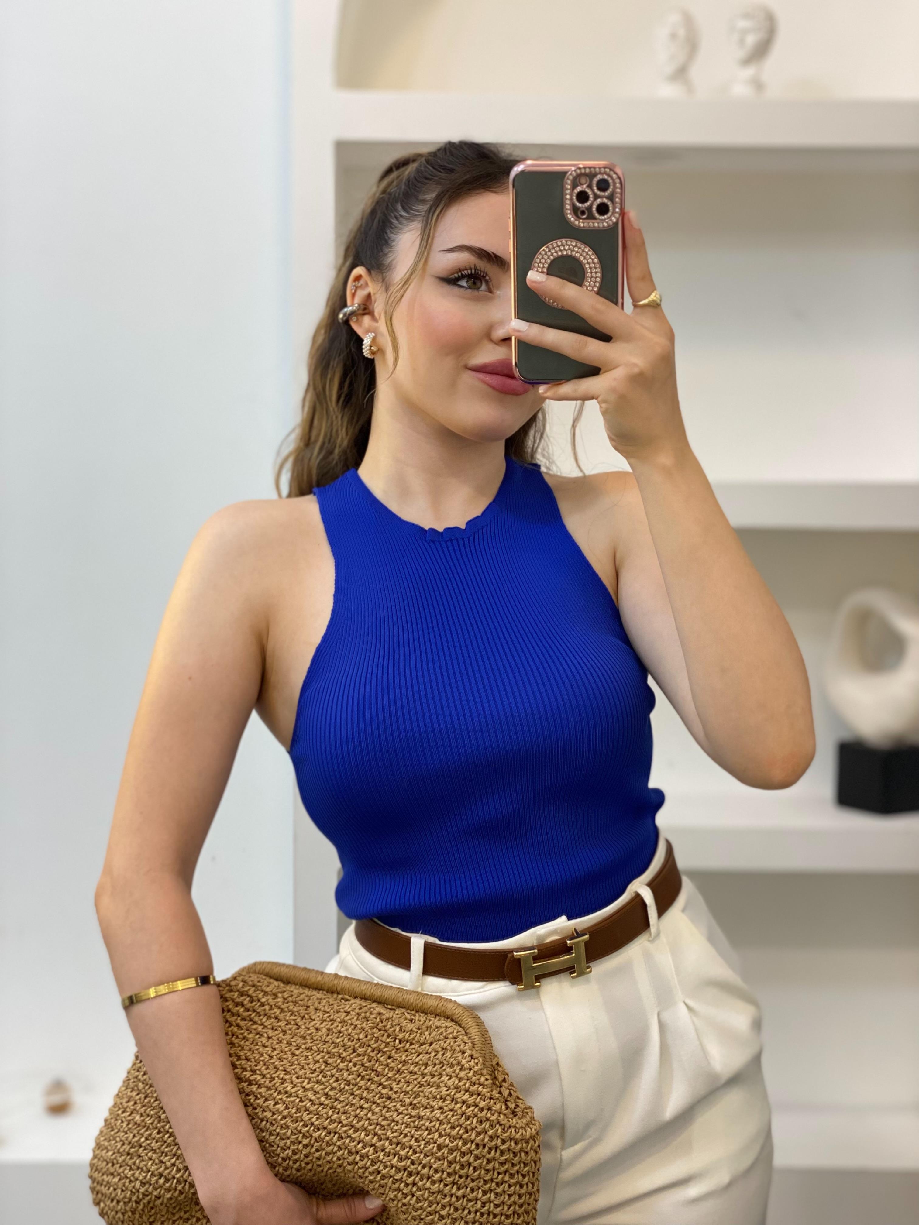Saks Mavi Kolsuz Basic Triko Bluz
