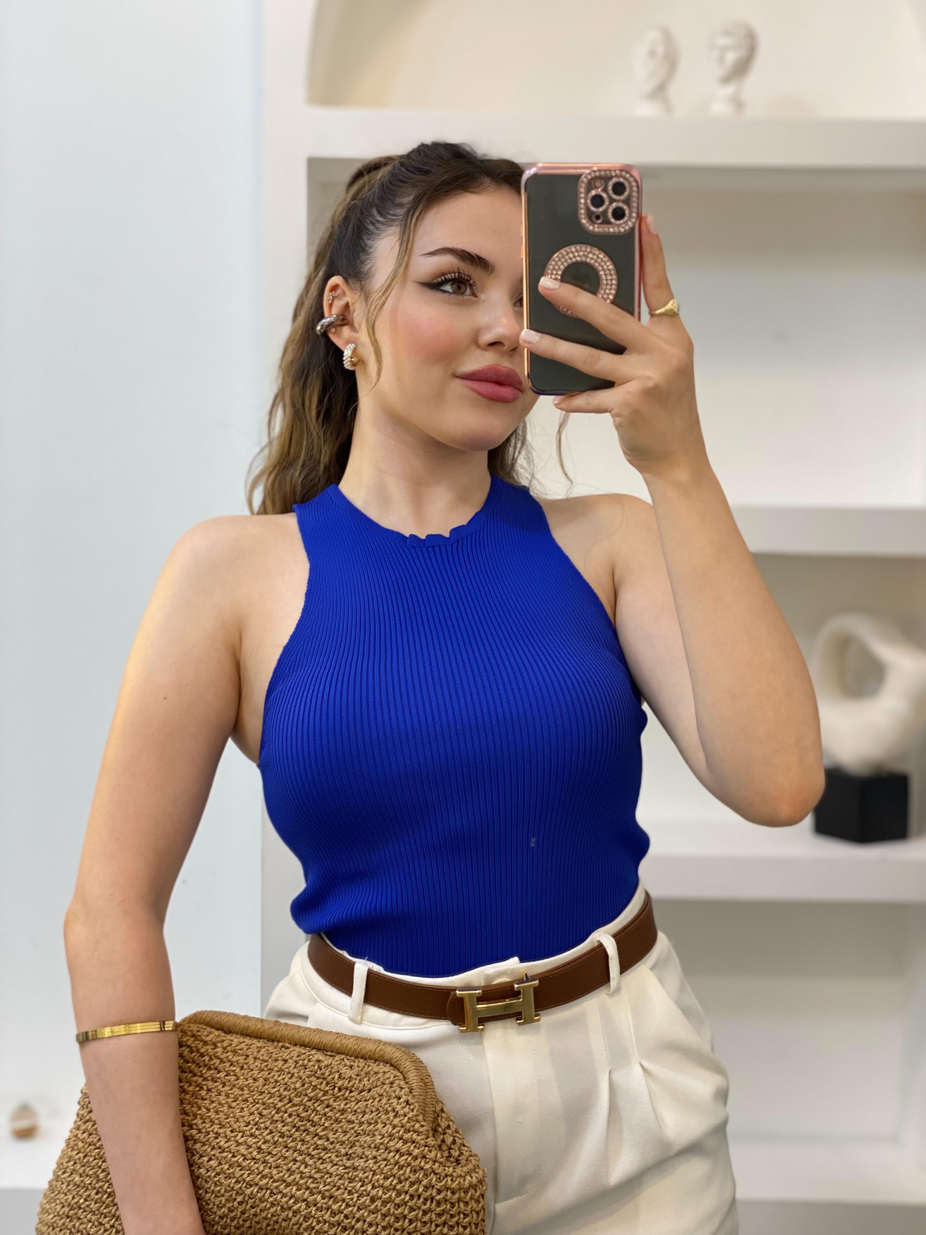 Saks Mavi Kolsuz Basic Triko Bluz