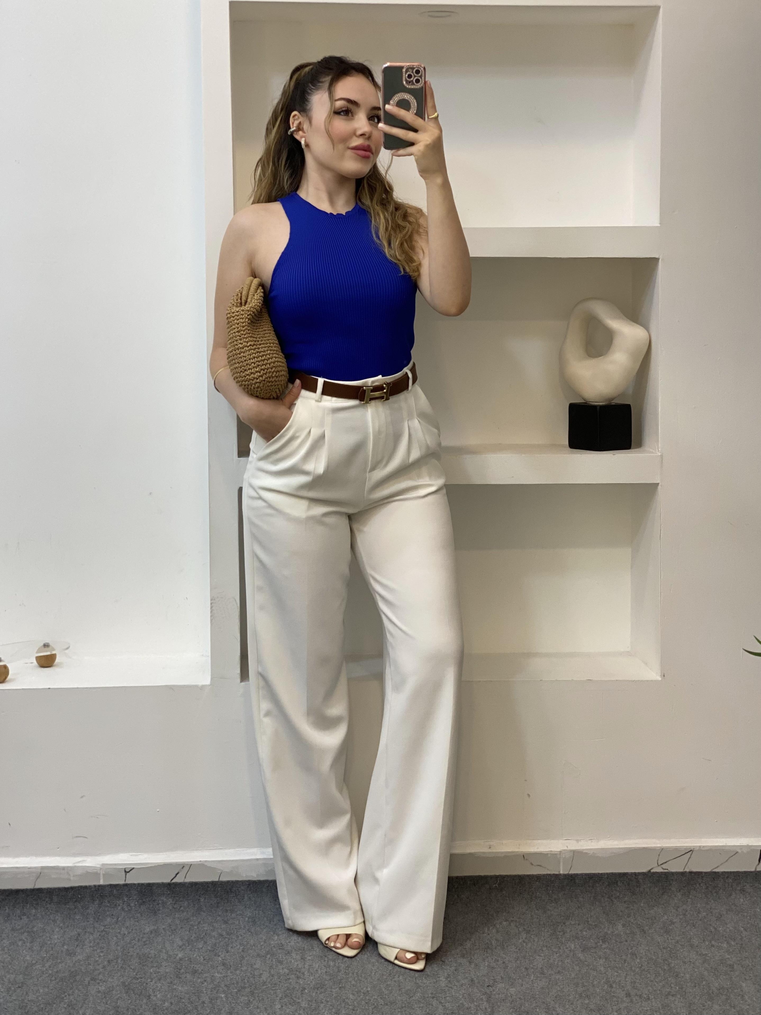 Saks Mavi Kolsuz Basic Triko Bluz
