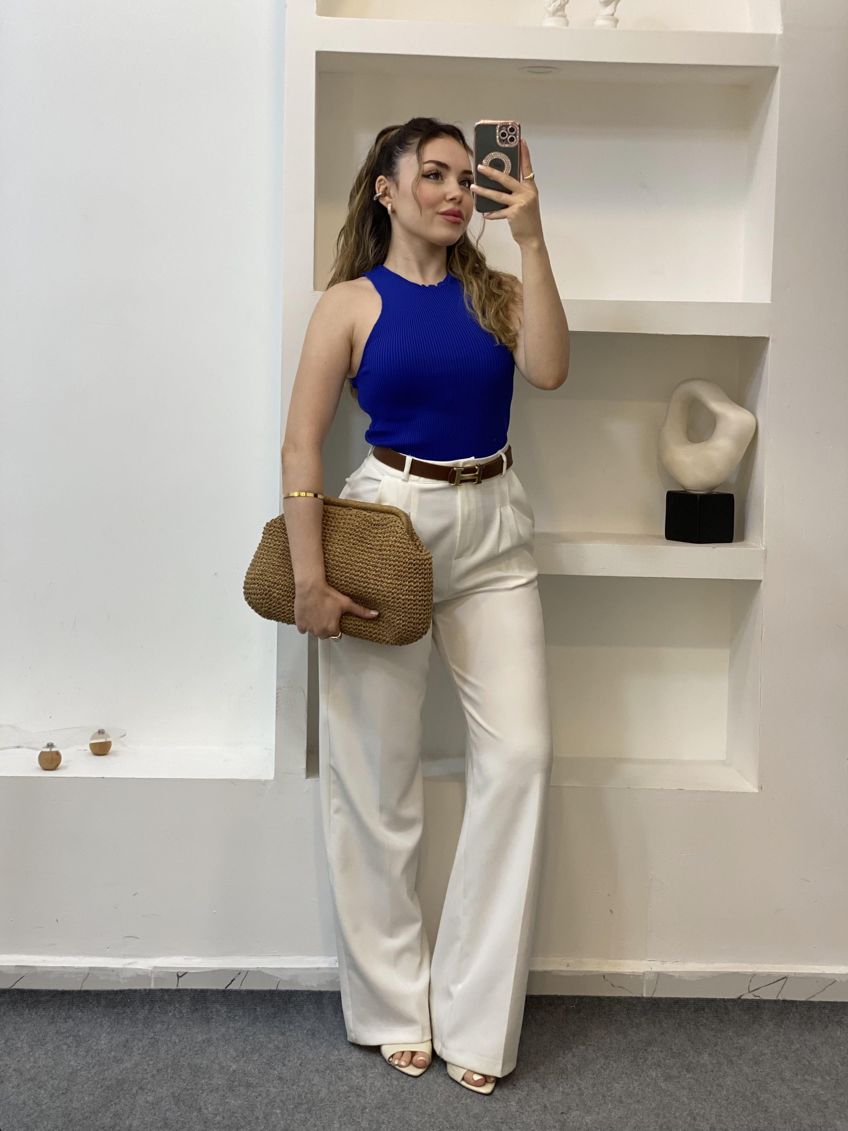 Saks Mavi Kolsuz Basic Triko Bluz
